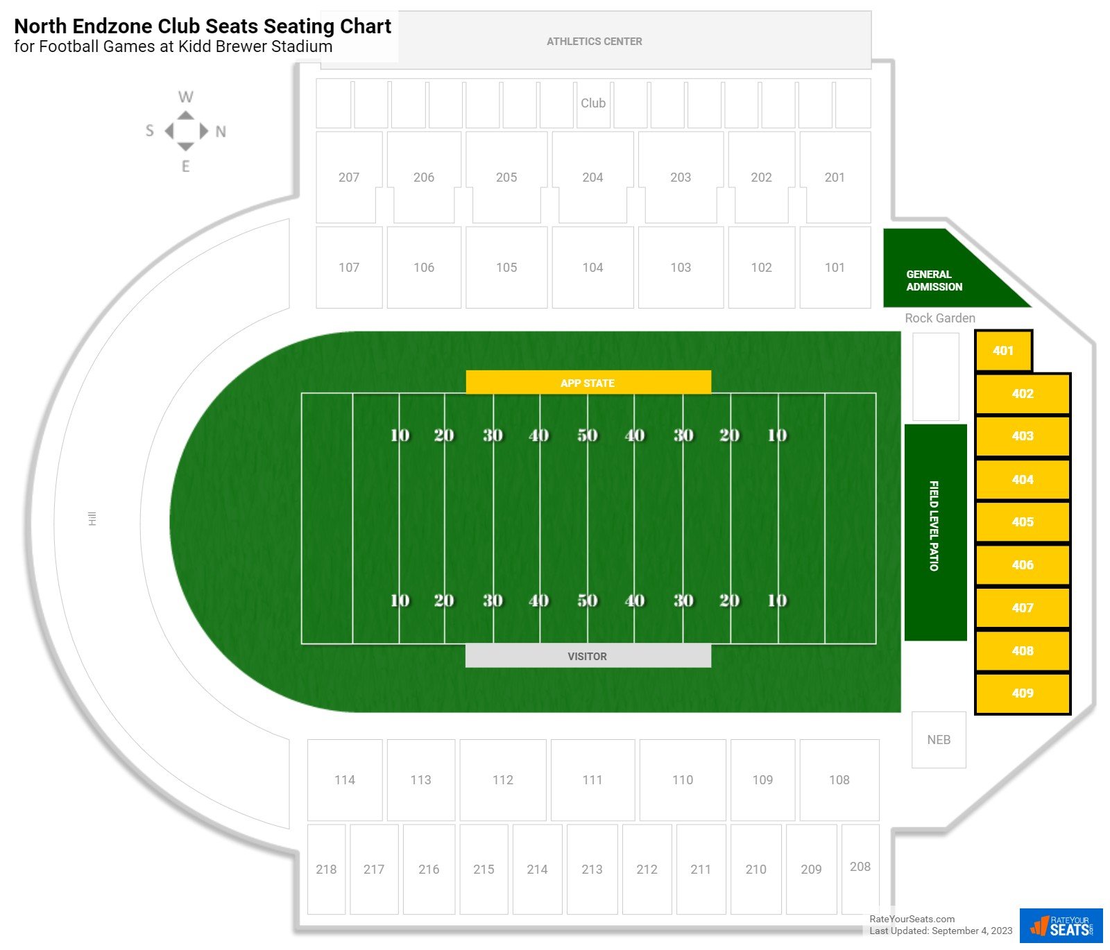 click to enlarge Football North Endzone Club Seats Seating Chart at Kidd Brewer Stadium