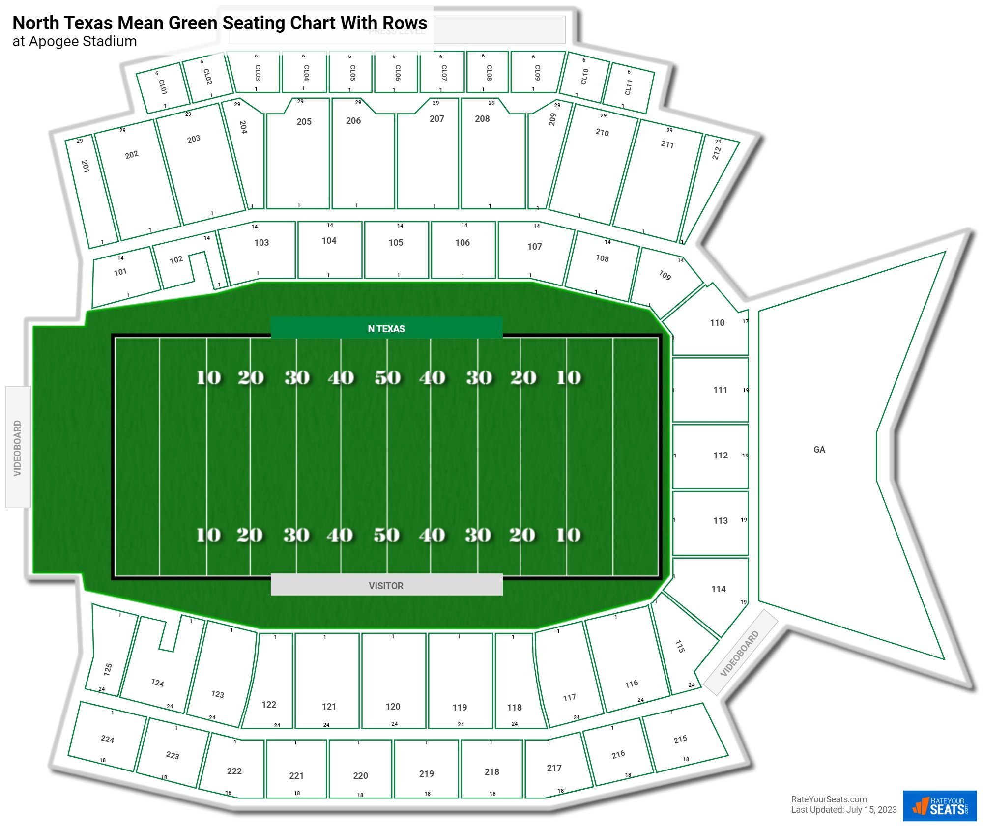 Apogee Stadium seating chart with row numbers