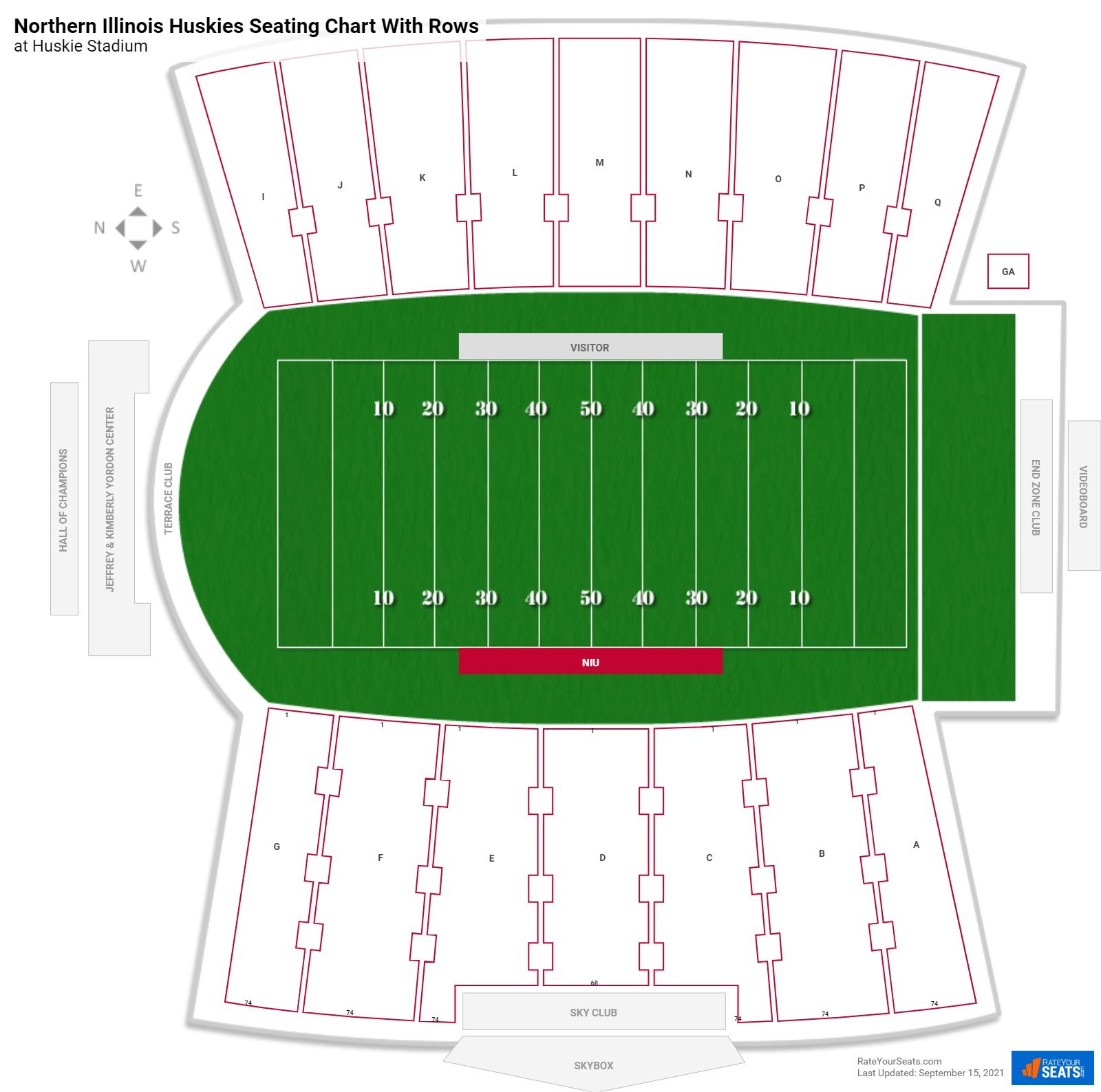 Huskie Stadium seating chart with row numbers