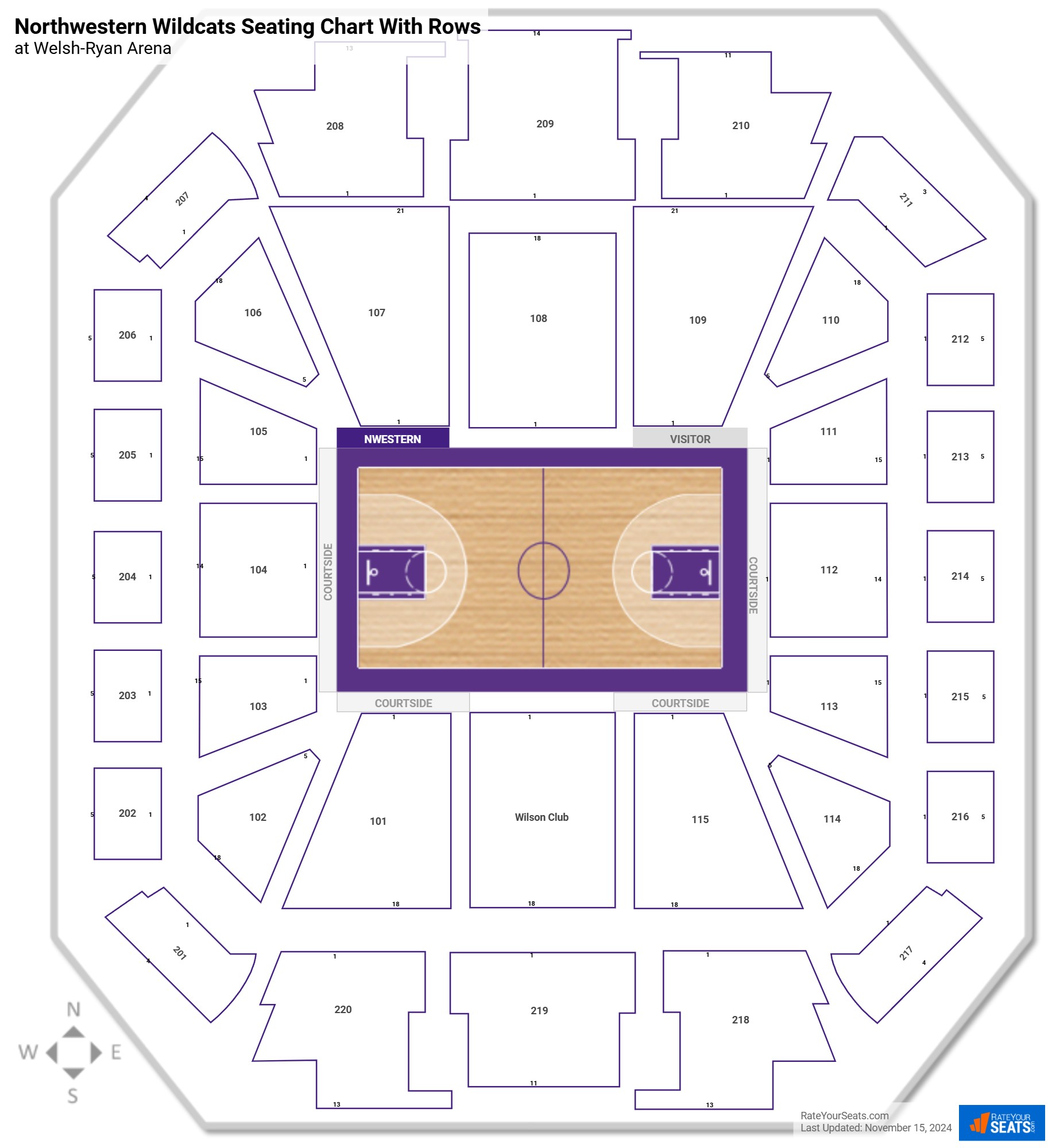Welsh-Ryan Arena seating chart with row numbers