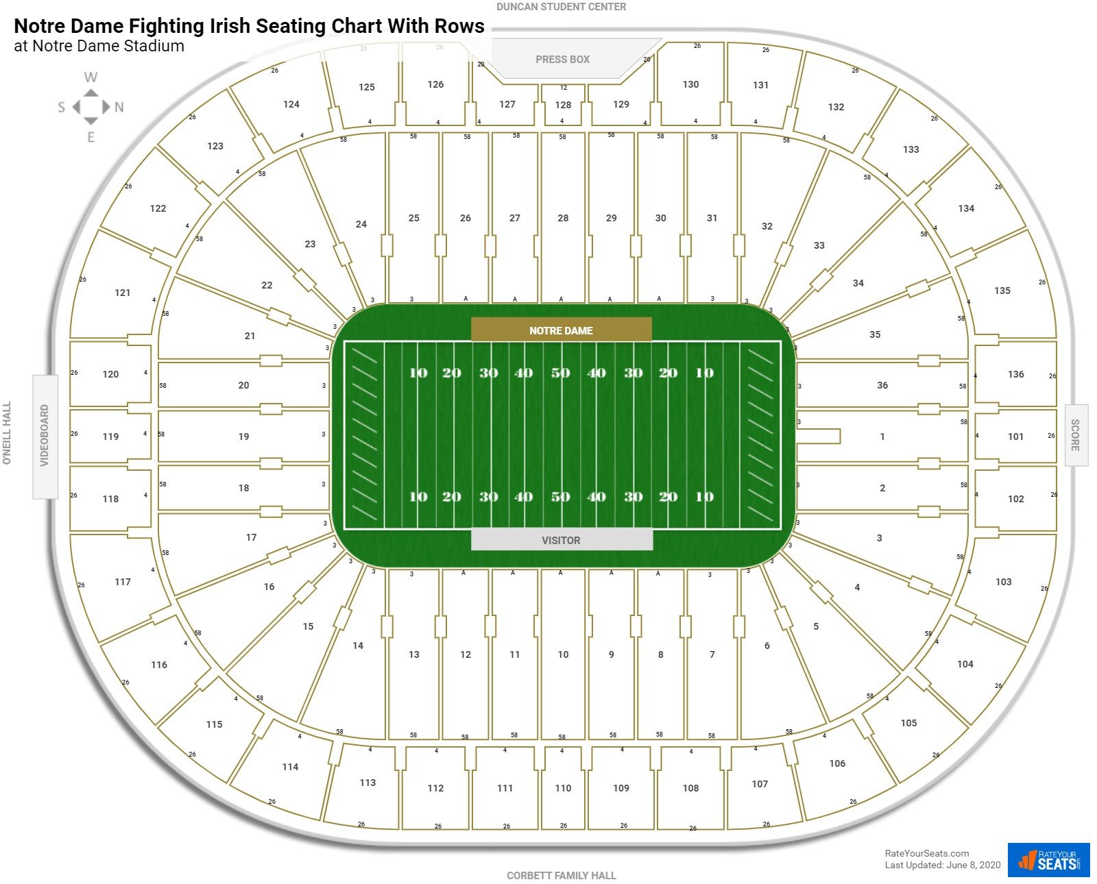 Notre Dame Stadium seating chart with row numbers