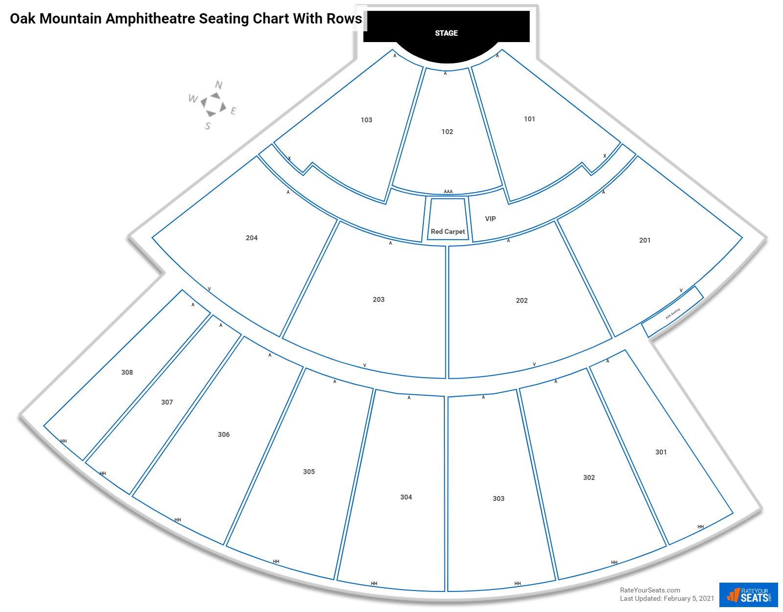 Oak Mountain Amphitheatre seating chart with row numbers