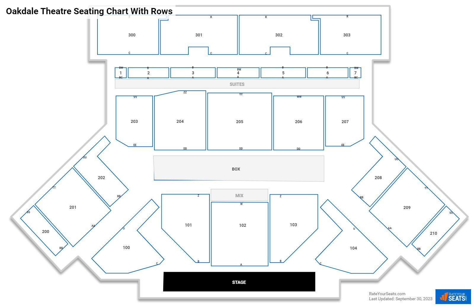 Oakdale Theatre seating chart with row numbers