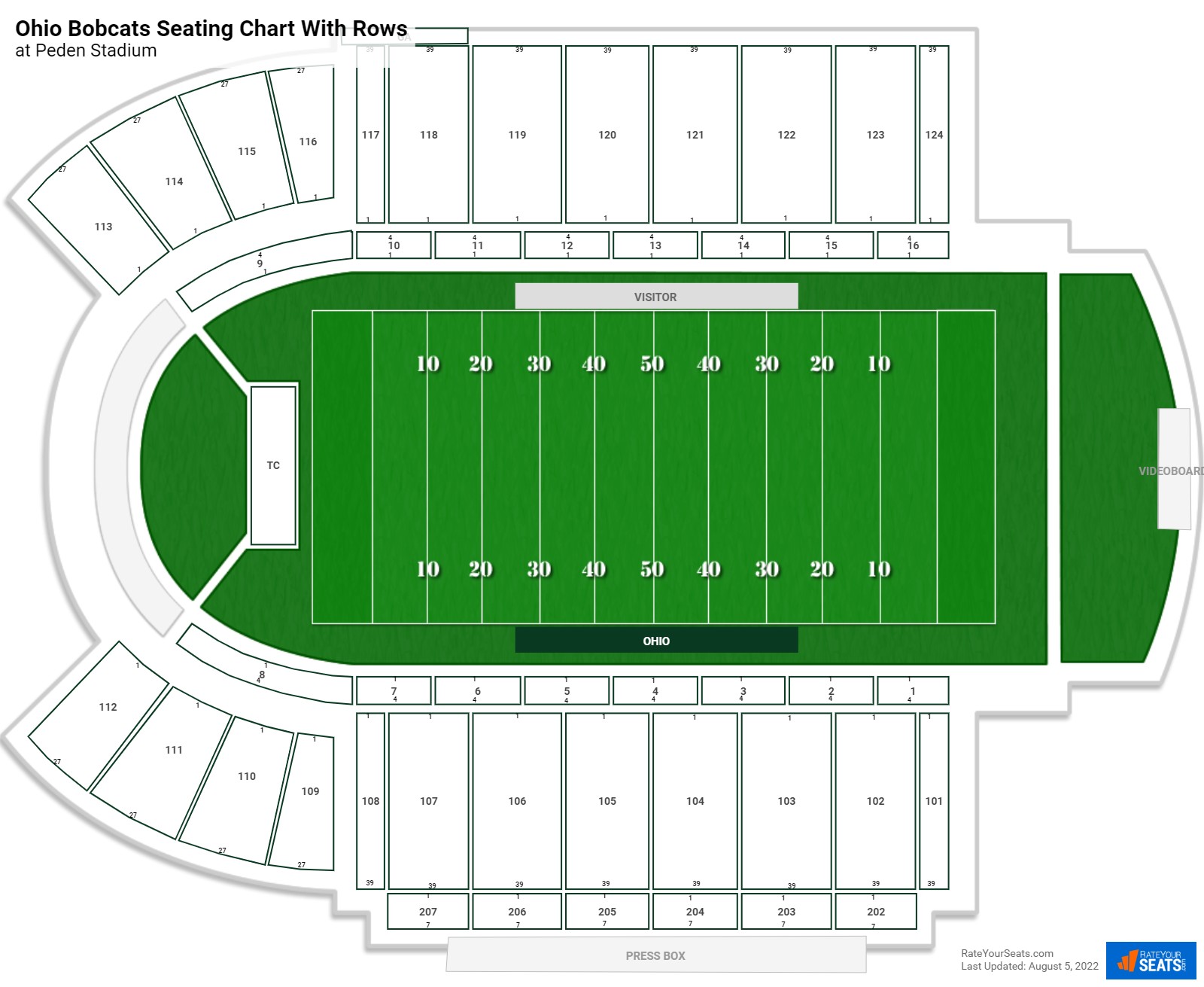 Peden Stadium seating chart with row numbers