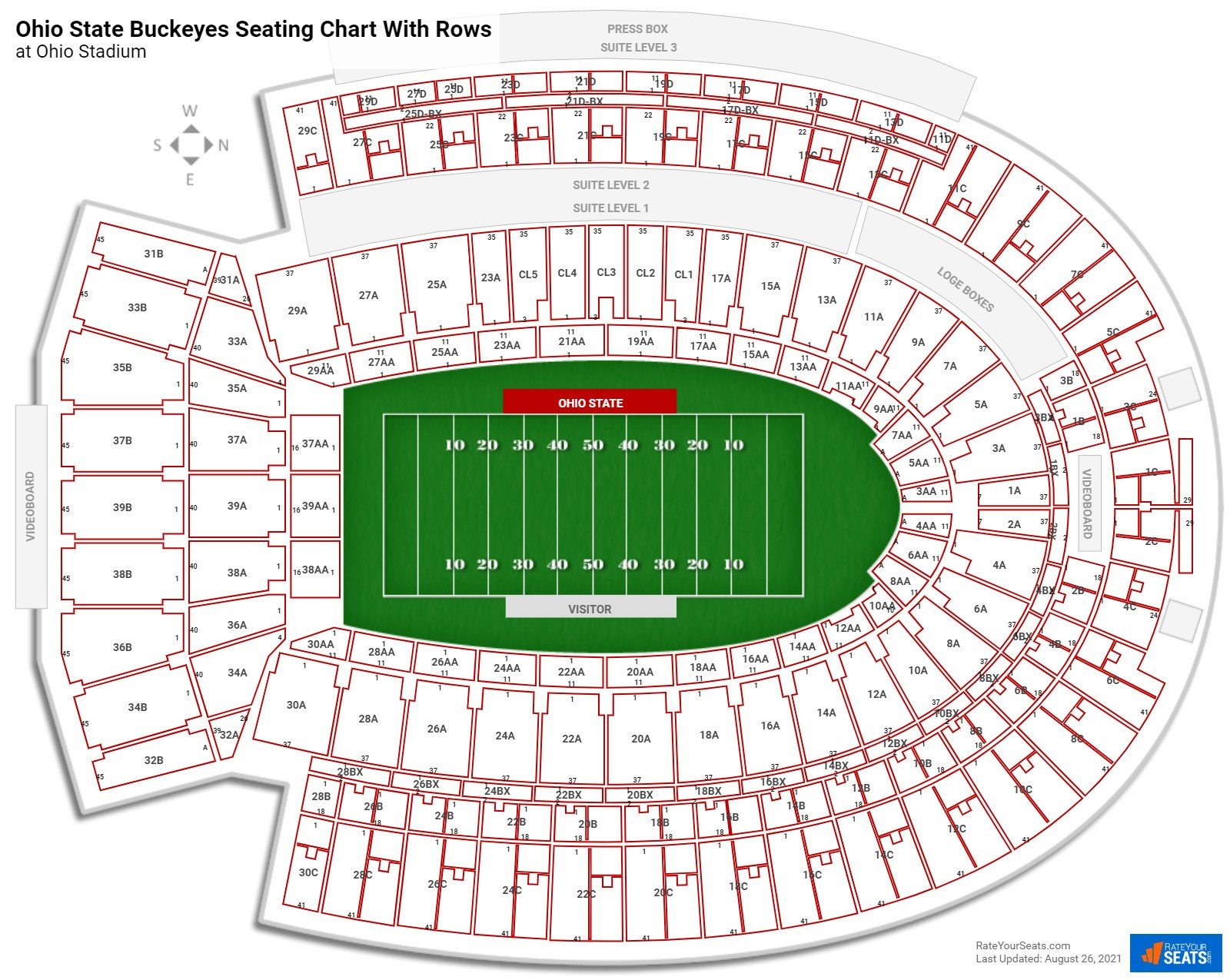Ohio Stadium seating chart with row numbers