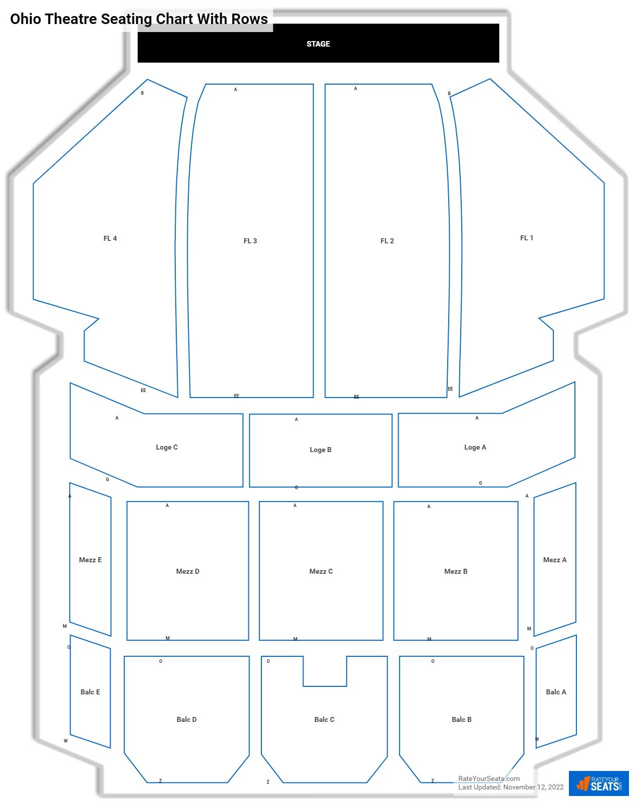 Ohio Theatre seating chart with row numbers