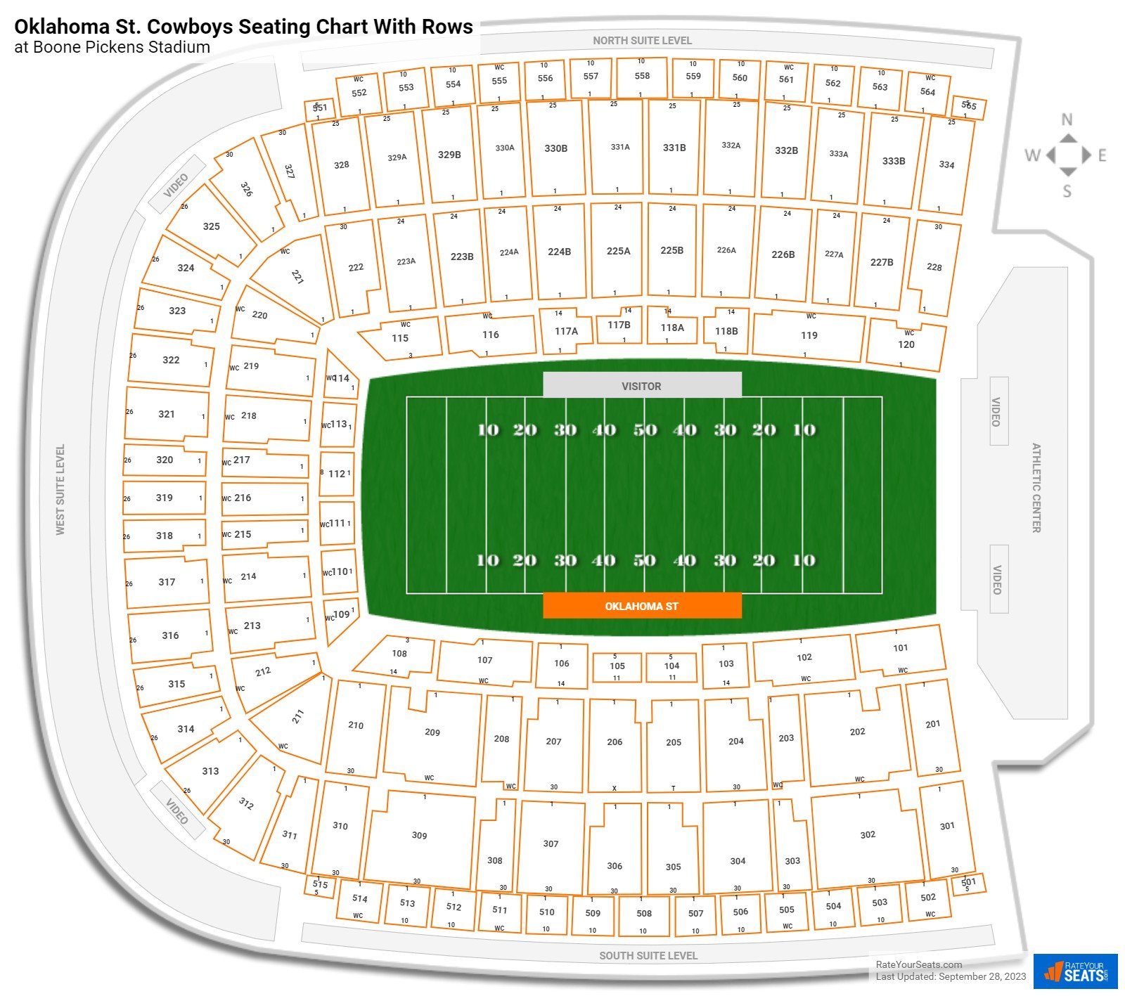 Boone Pickens Stadium seating chart with row numbers