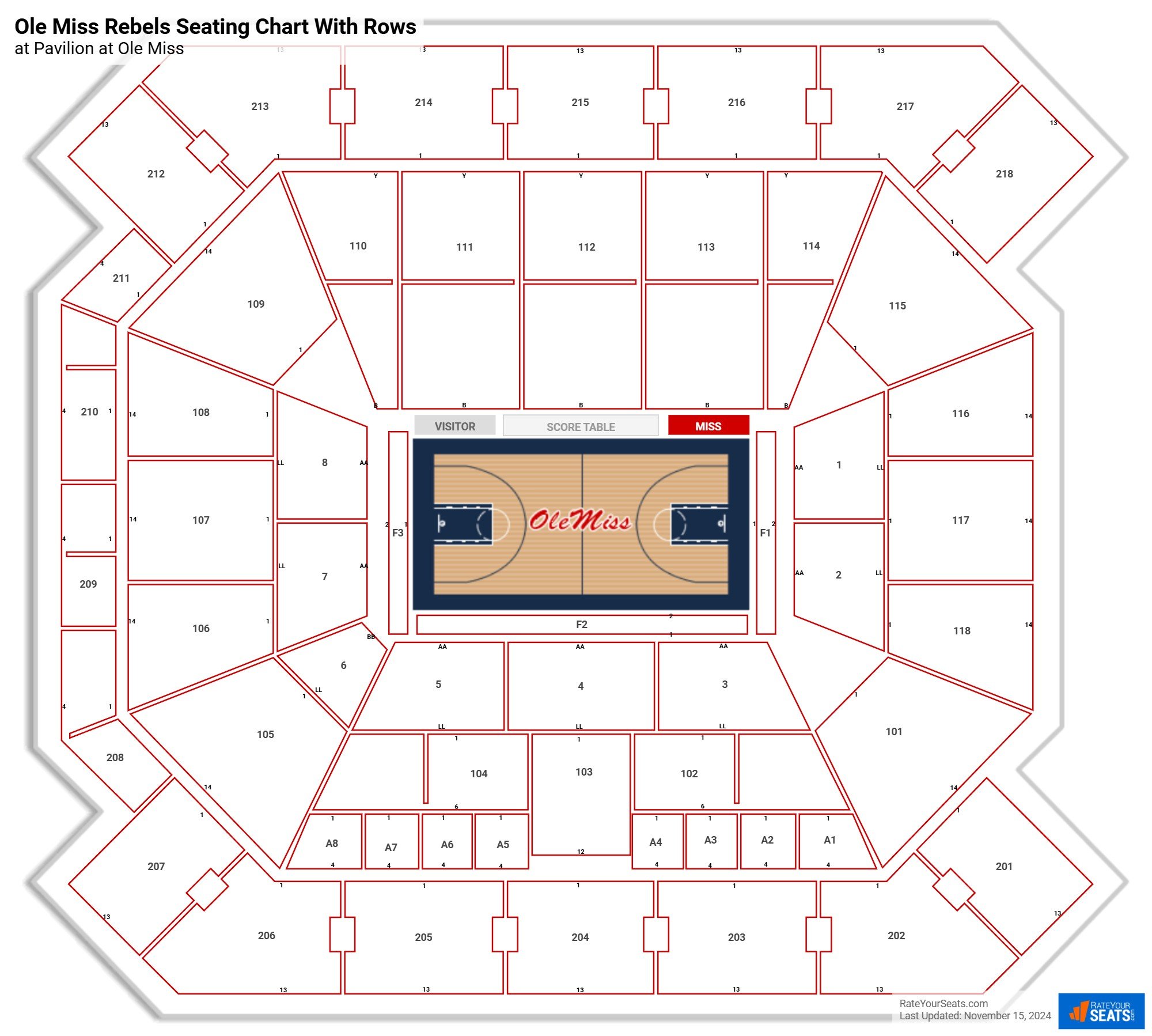 Pavilion at Ole Miss seating chart with row numbers