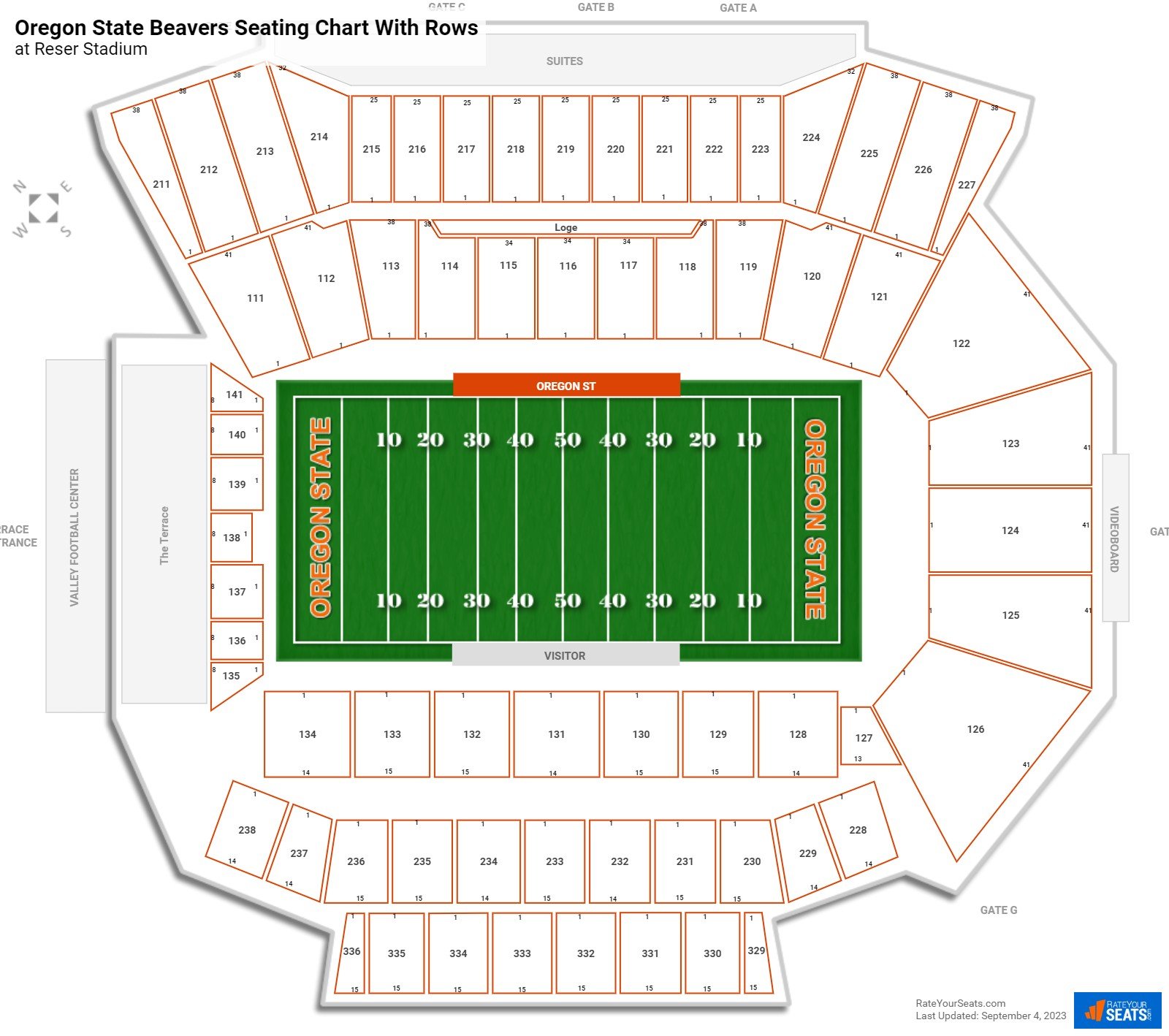 Reser Stadium seating chart with row numbers