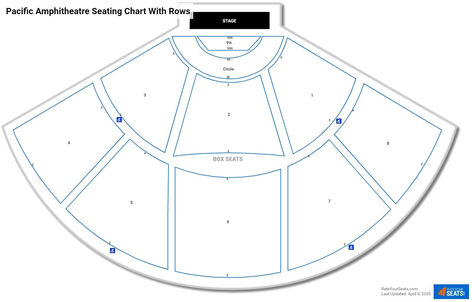Pacific Amphitheatre seating chart with row numbers