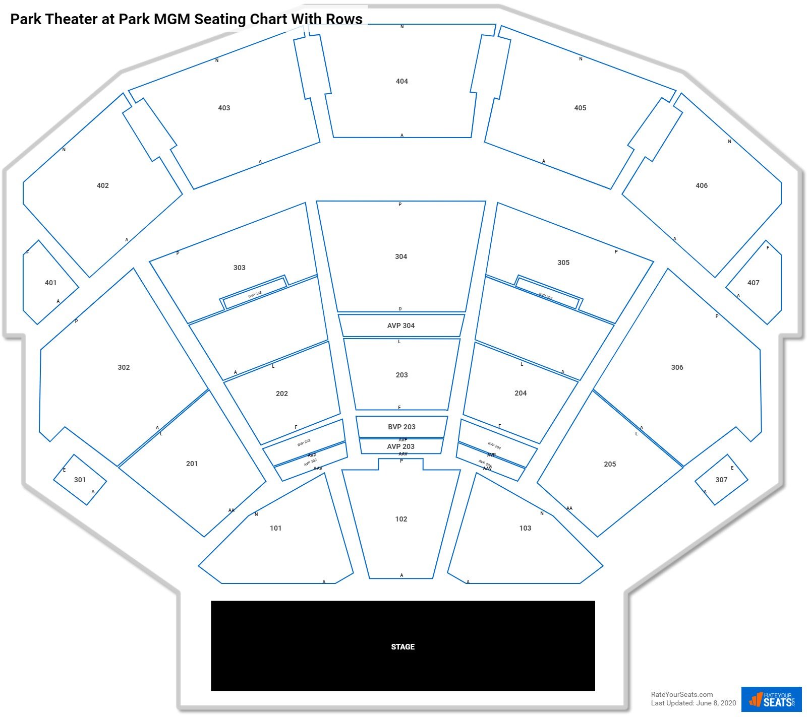 Dolby Live at Park MGM seating chart with row numbers
