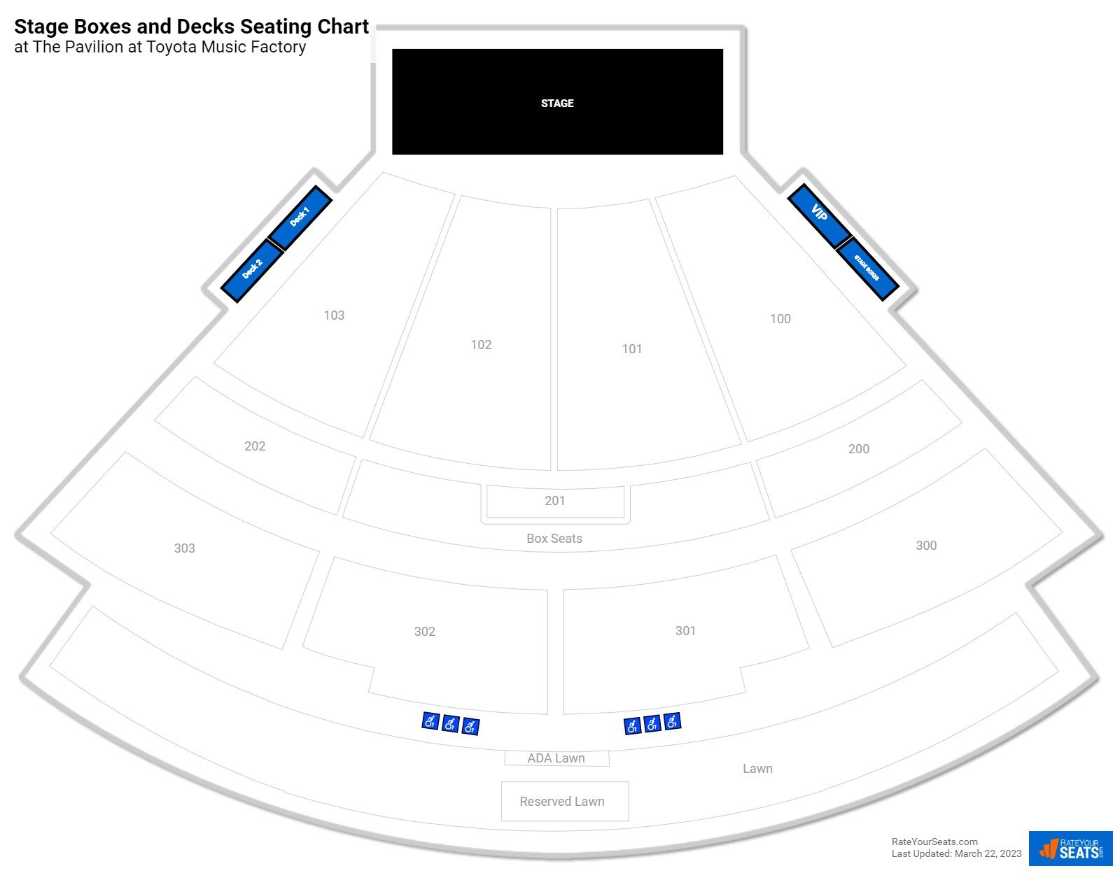 click to enlarge Concert Stage Boxes and Decks Seating Chart at The Pavilion at Toyota Music Factory
