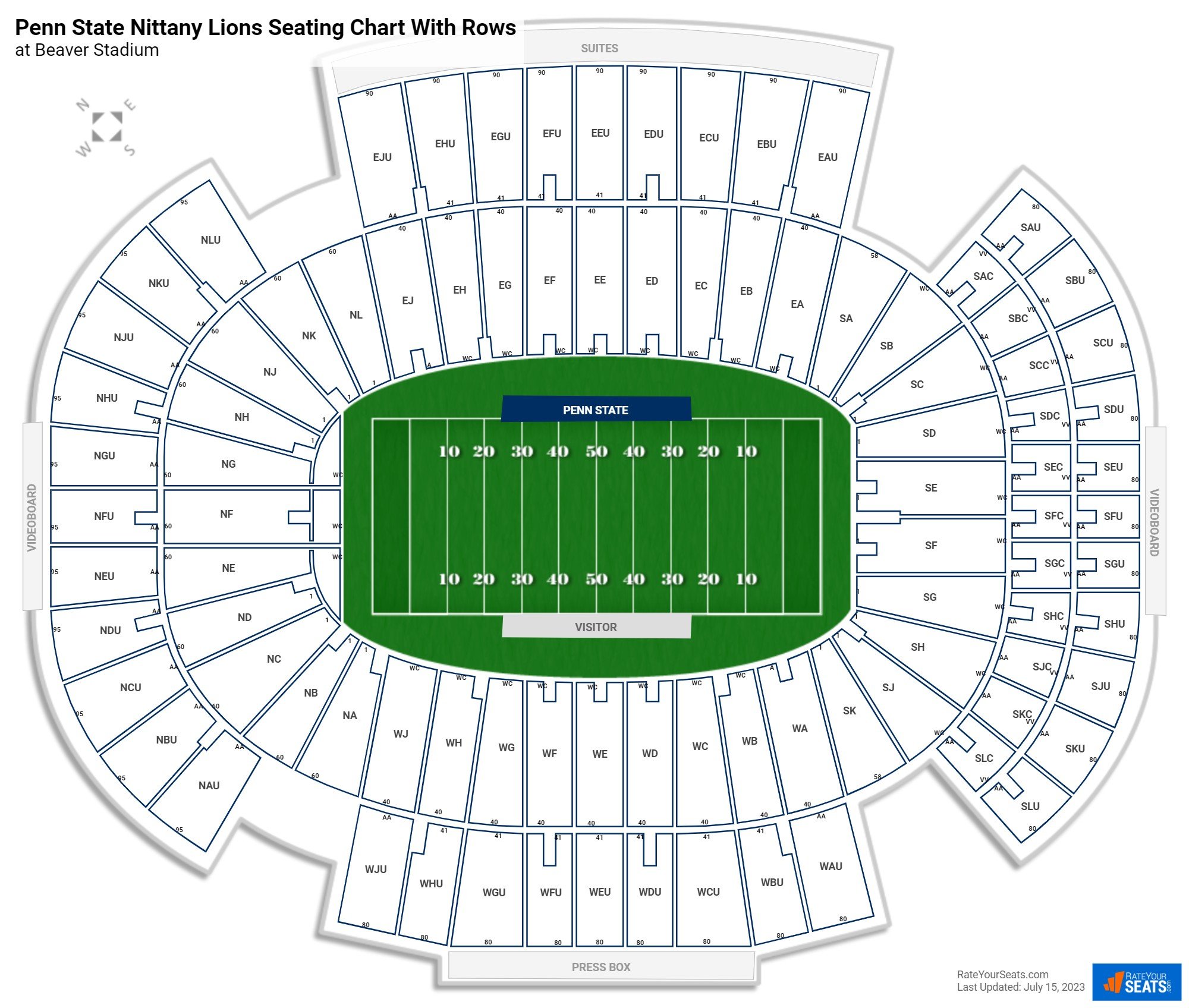 Beaver Stadium seating chart with row numbers