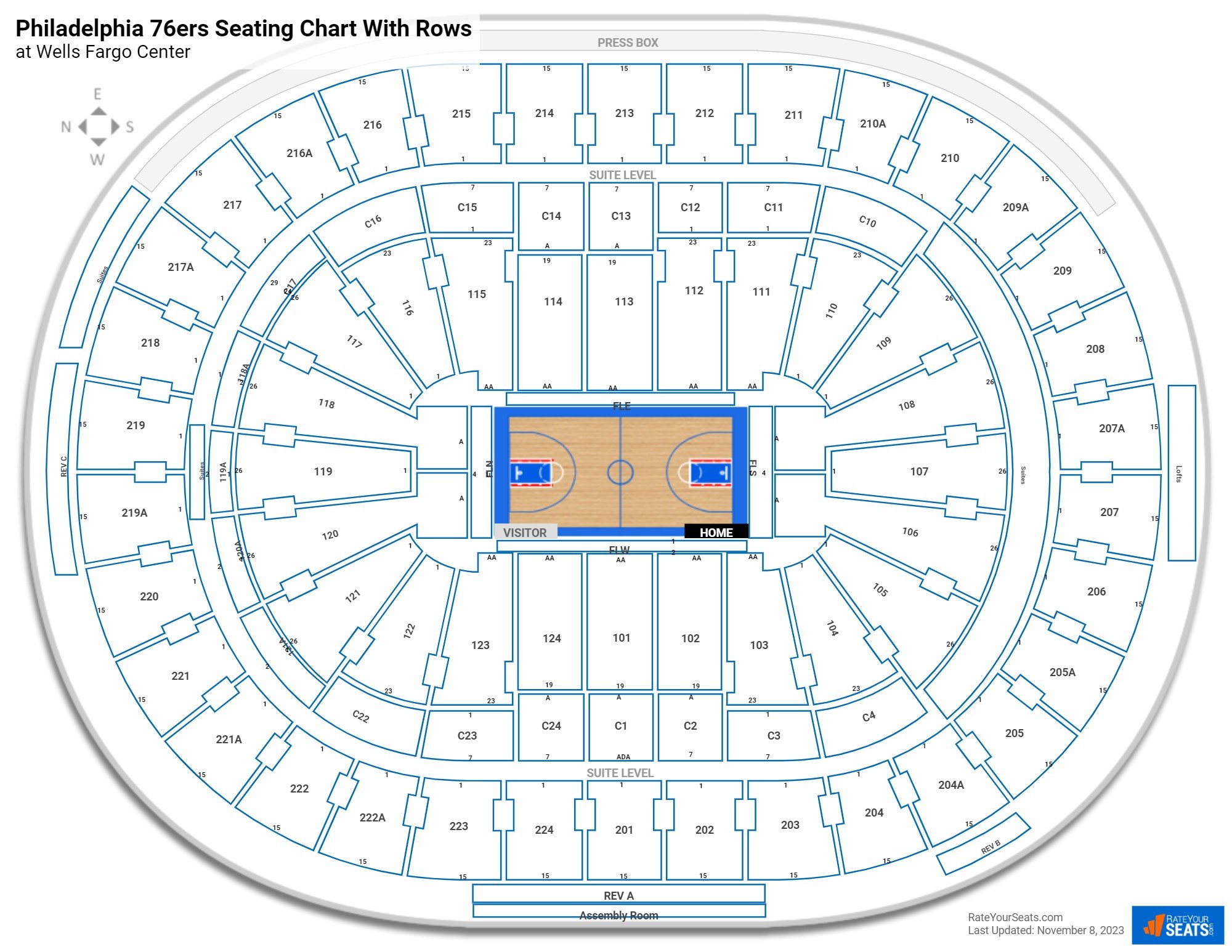 Wells Fargo Center seating chart with row numbers