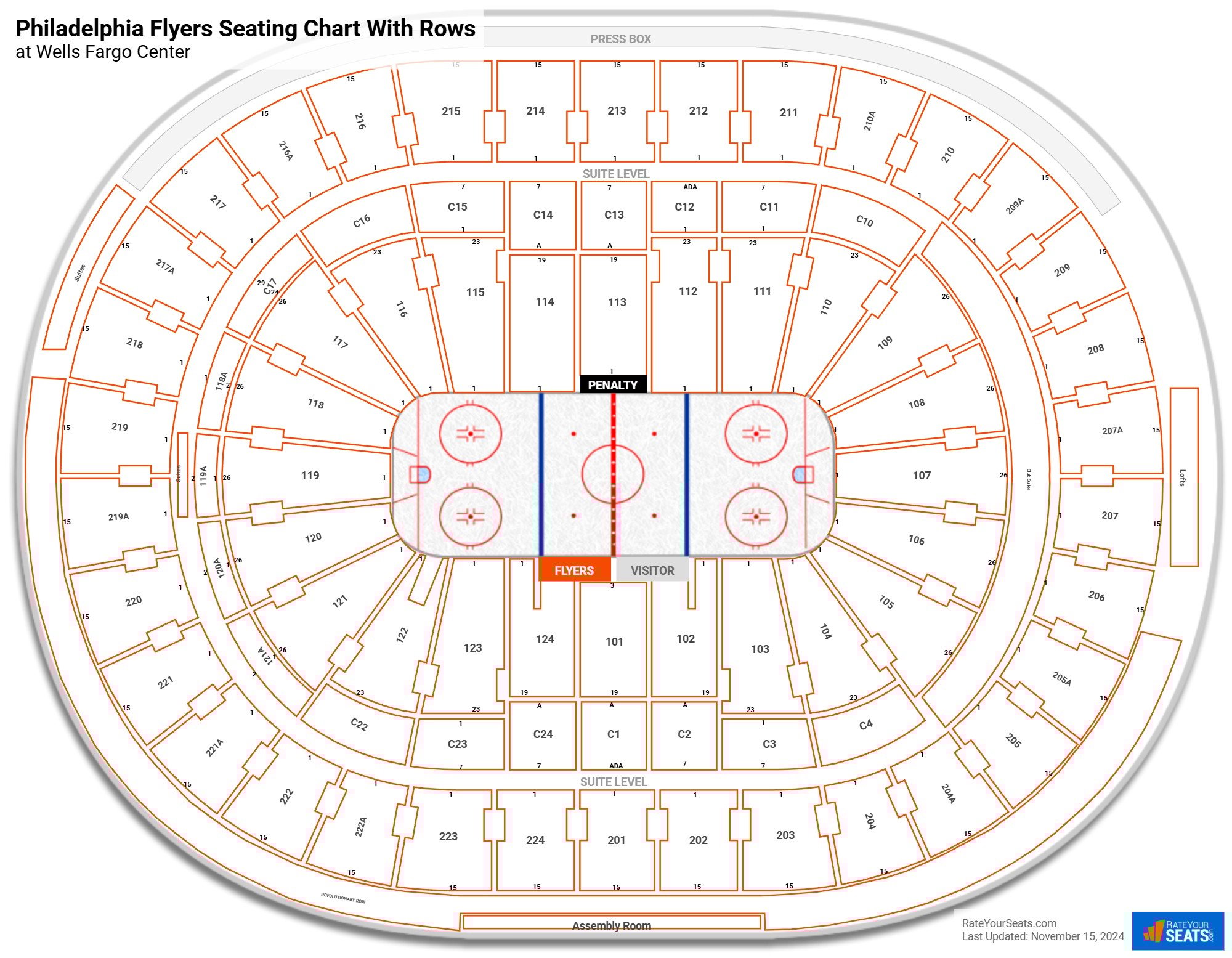 Wells Fargo Center seating chart with rows hockey