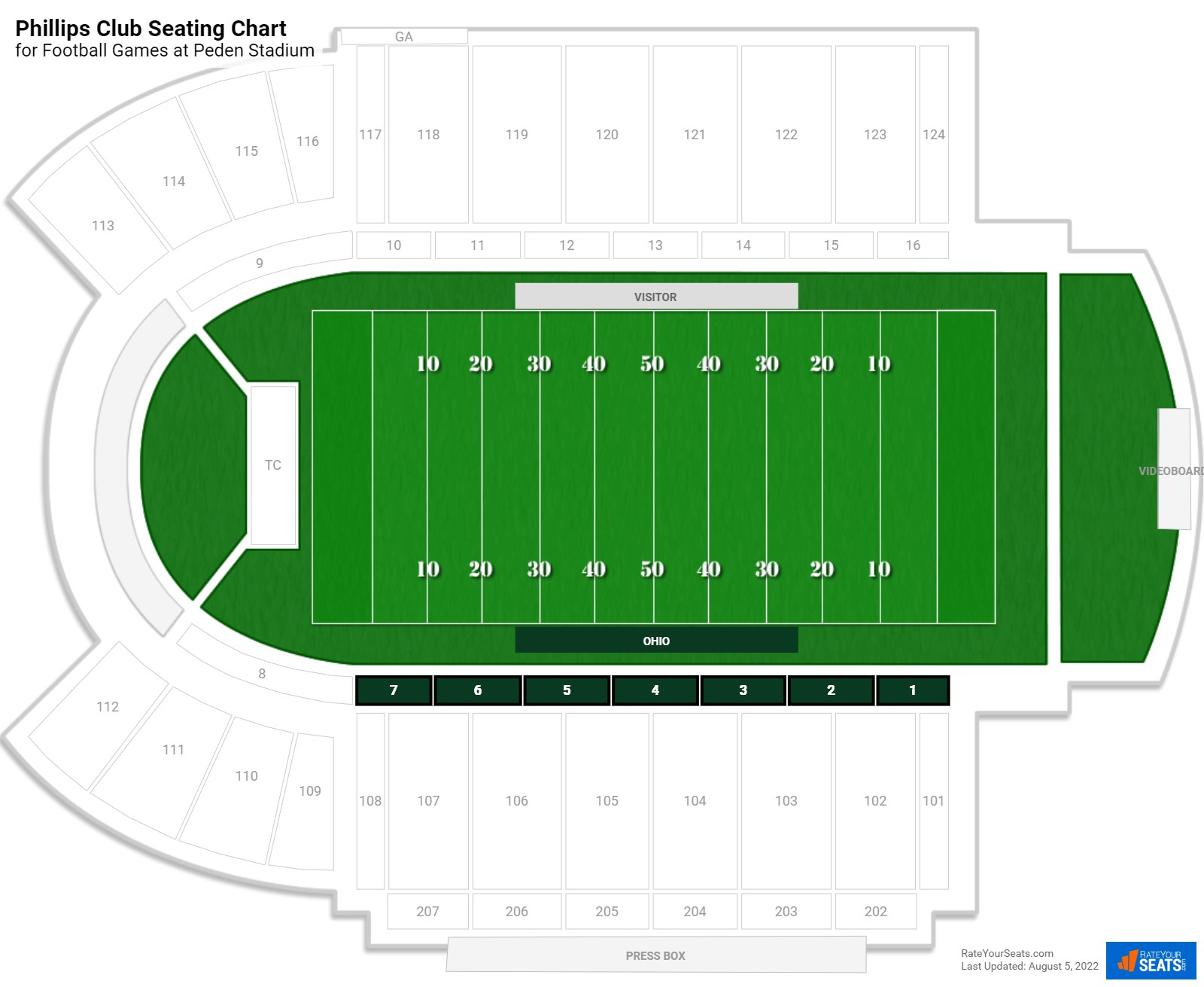 click to enlarge Football Phillips Club Seating Chart at Peden Stadium