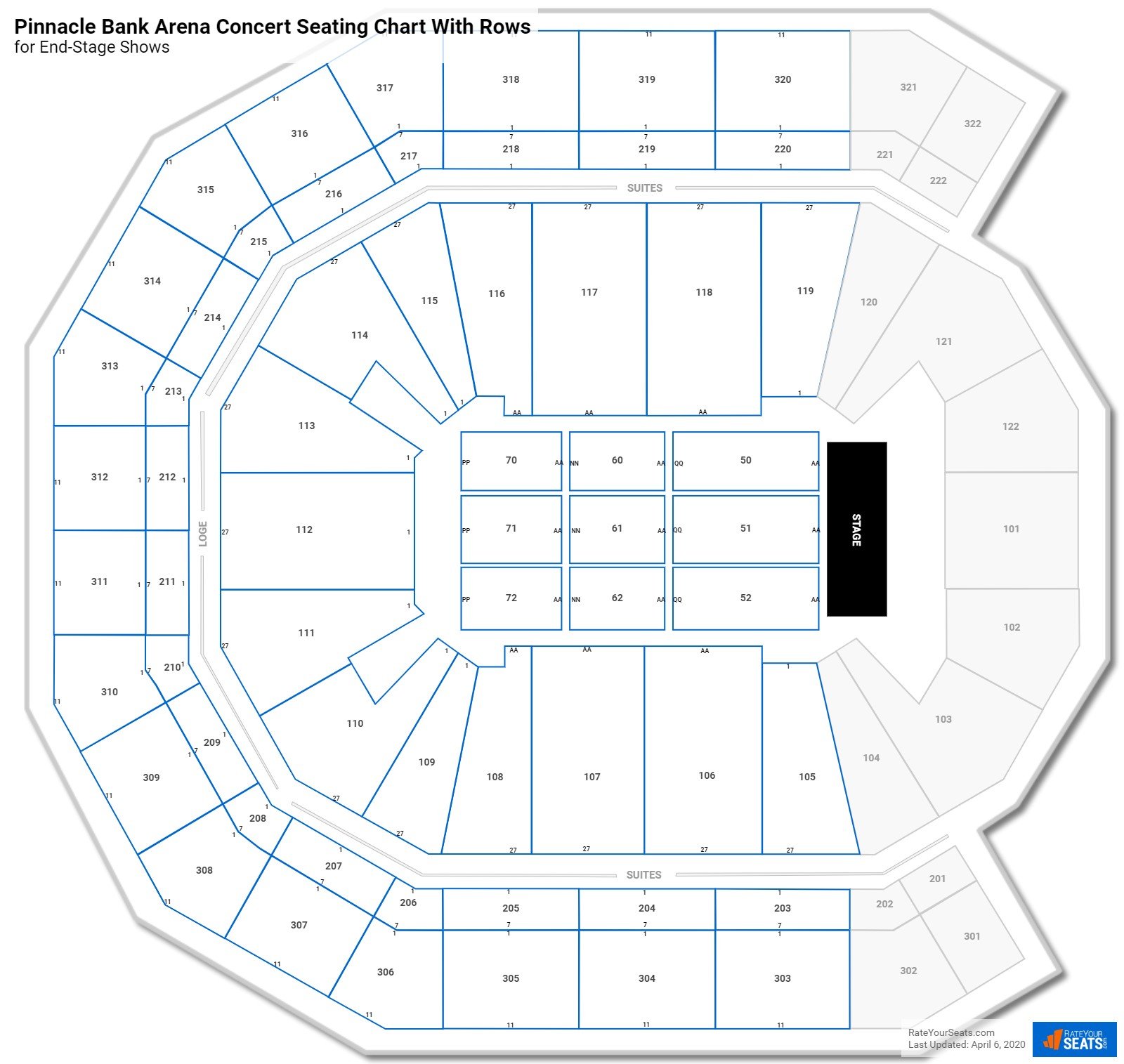 Pinnacle Bank Arena seating chart with row numbers