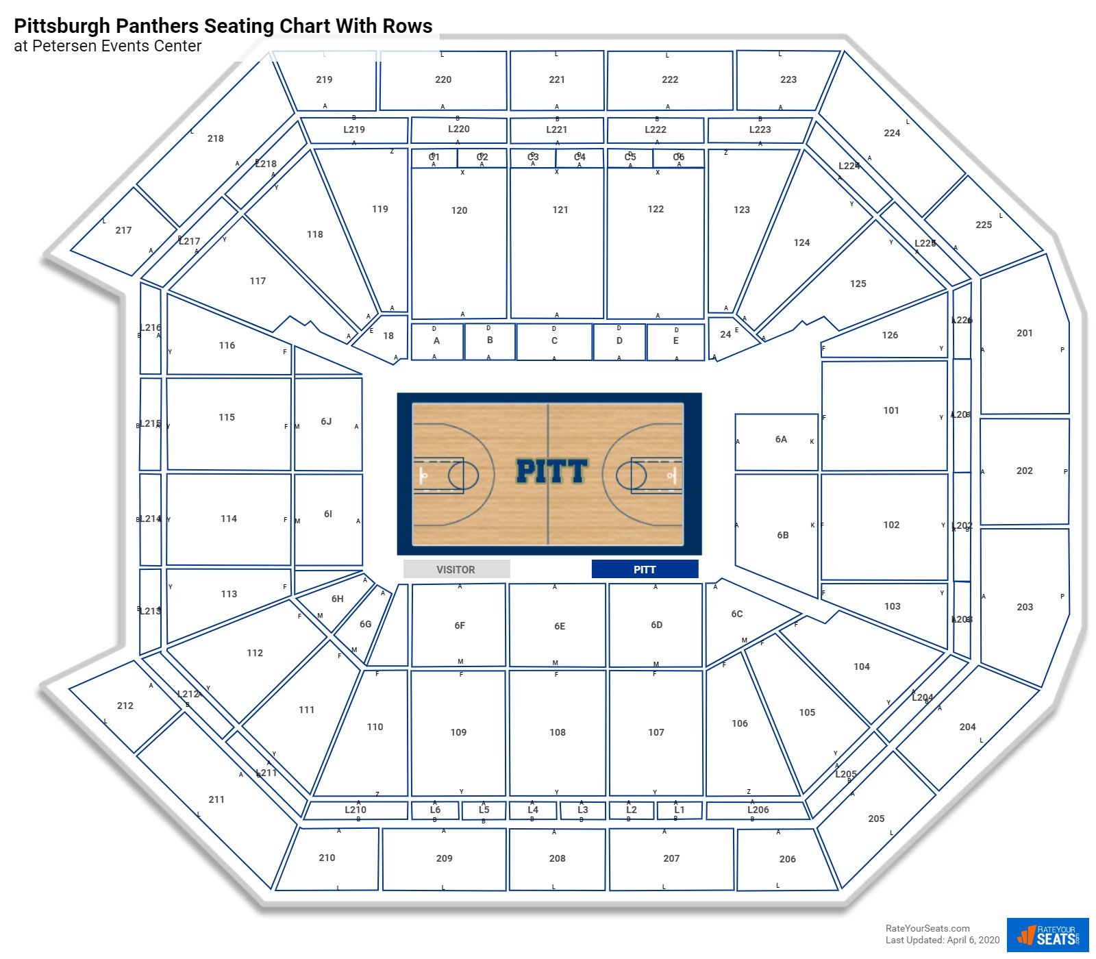Petersen Events Center seating chart with row numbers