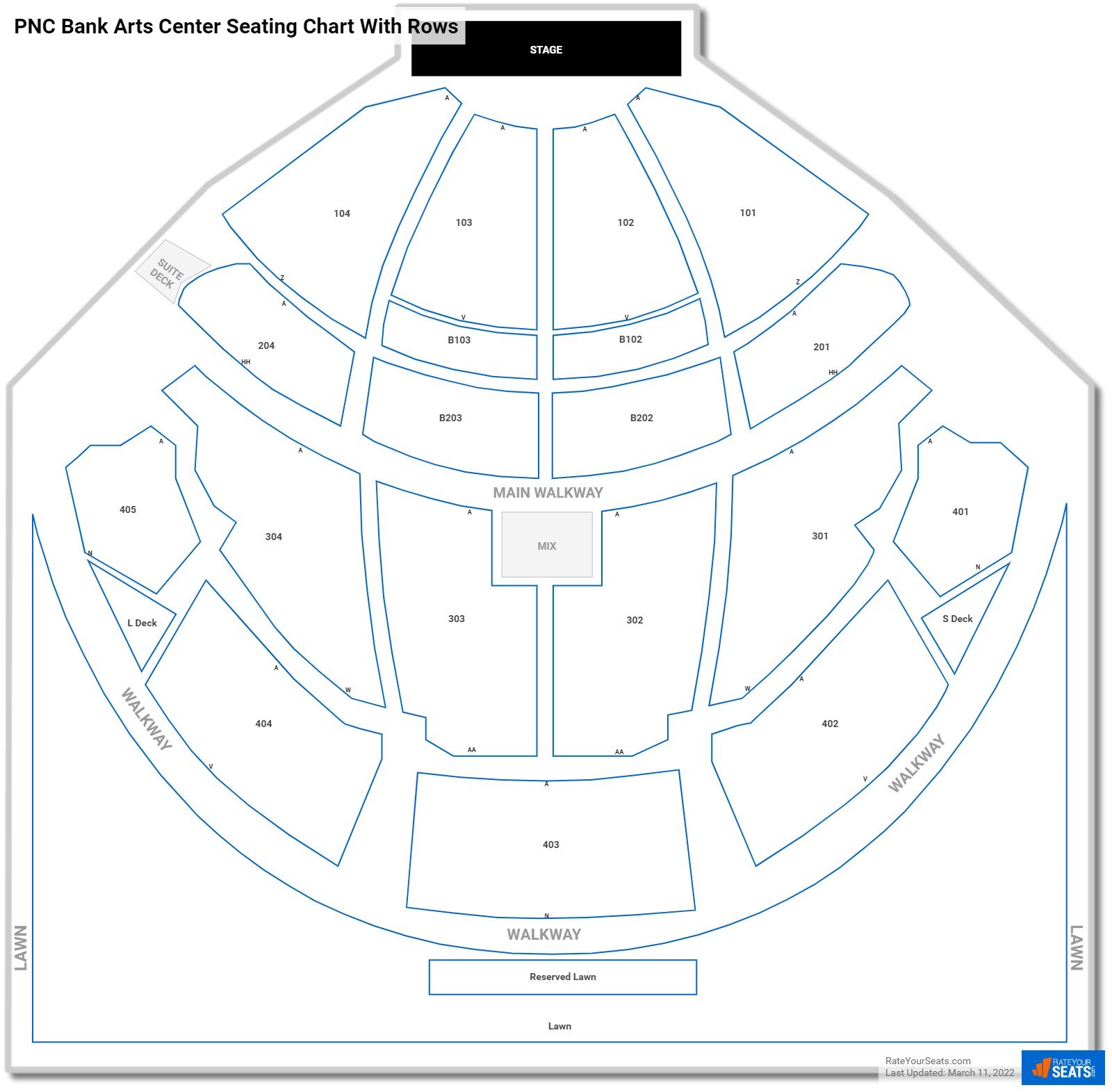 PNC Bank Arts Center seating chart with row numbers