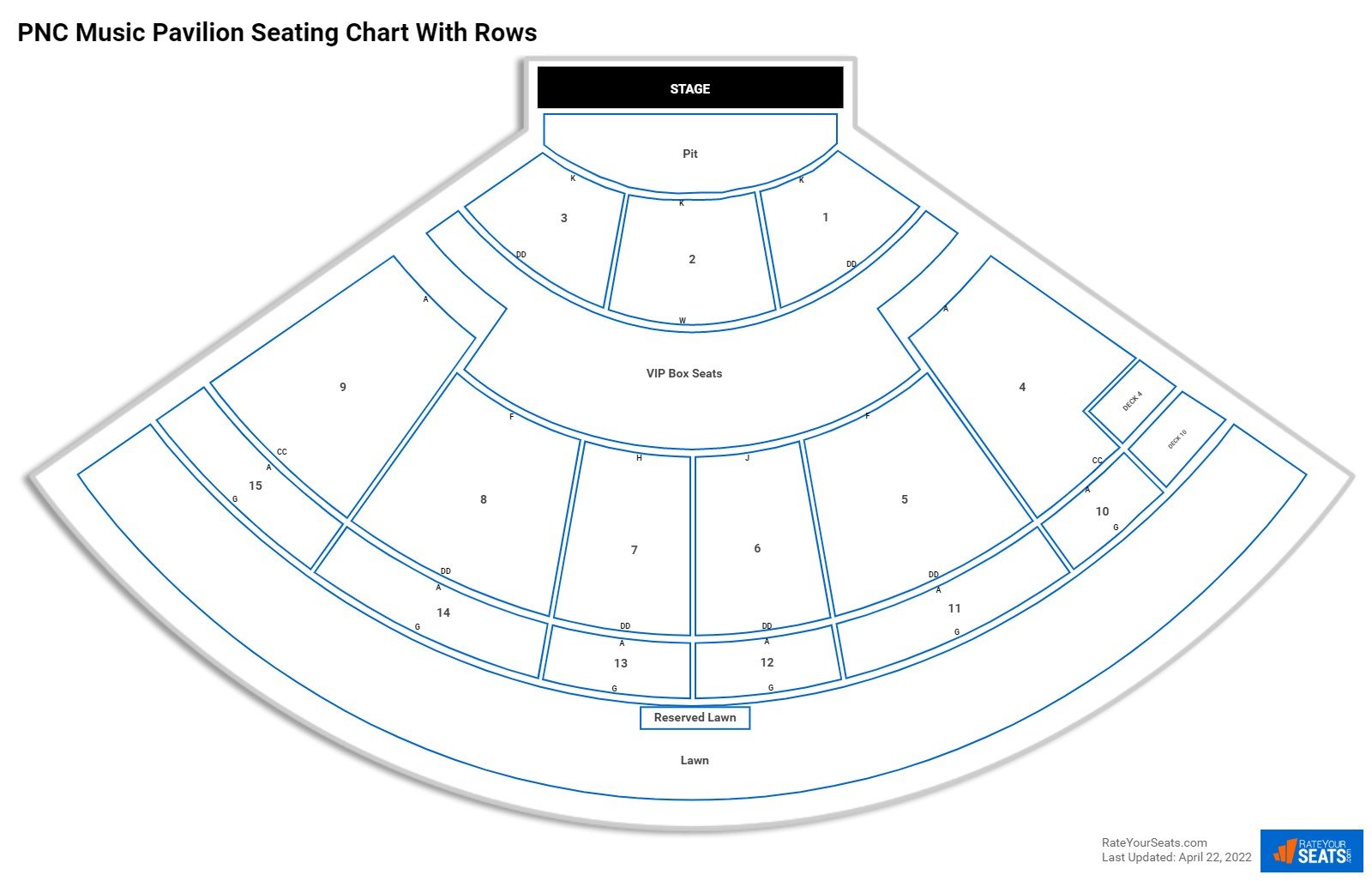 PNC Music Pavilion seating chart with row numbers