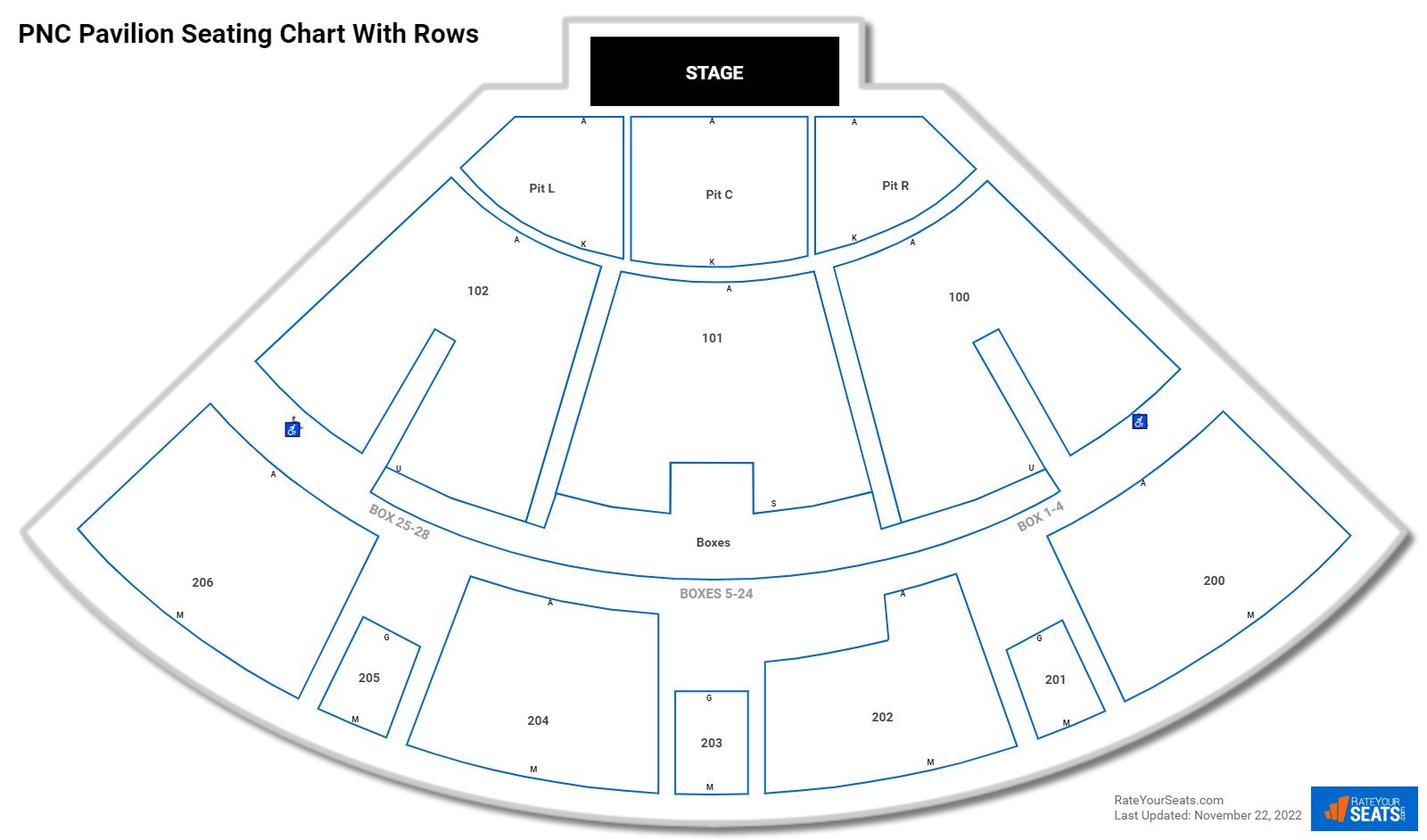 PNC Pavilion seating chart with row numbers