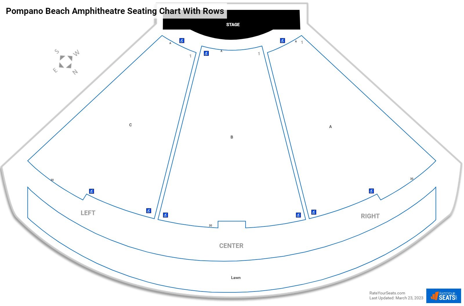 Pompano Beach Amphitheatre seating chart with row numbers