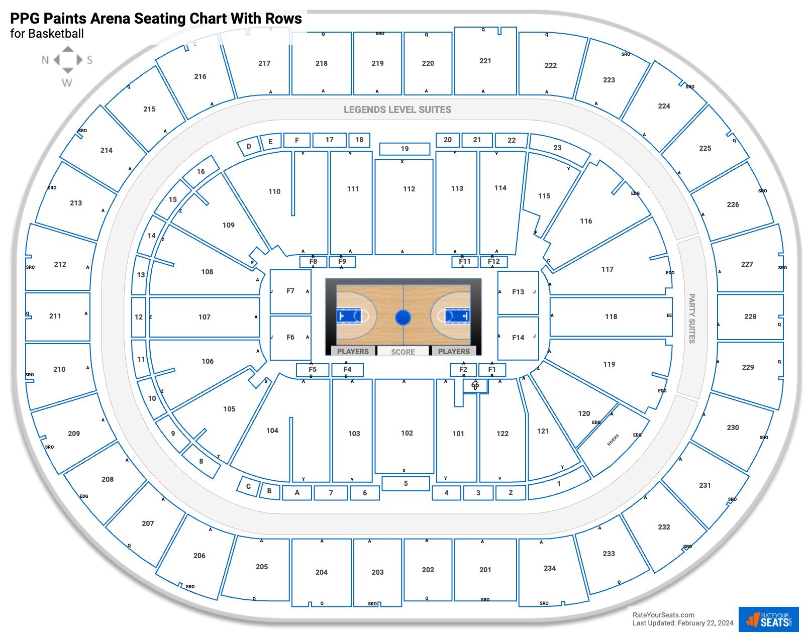 PPG Paints Arena seating chart with rows basketball