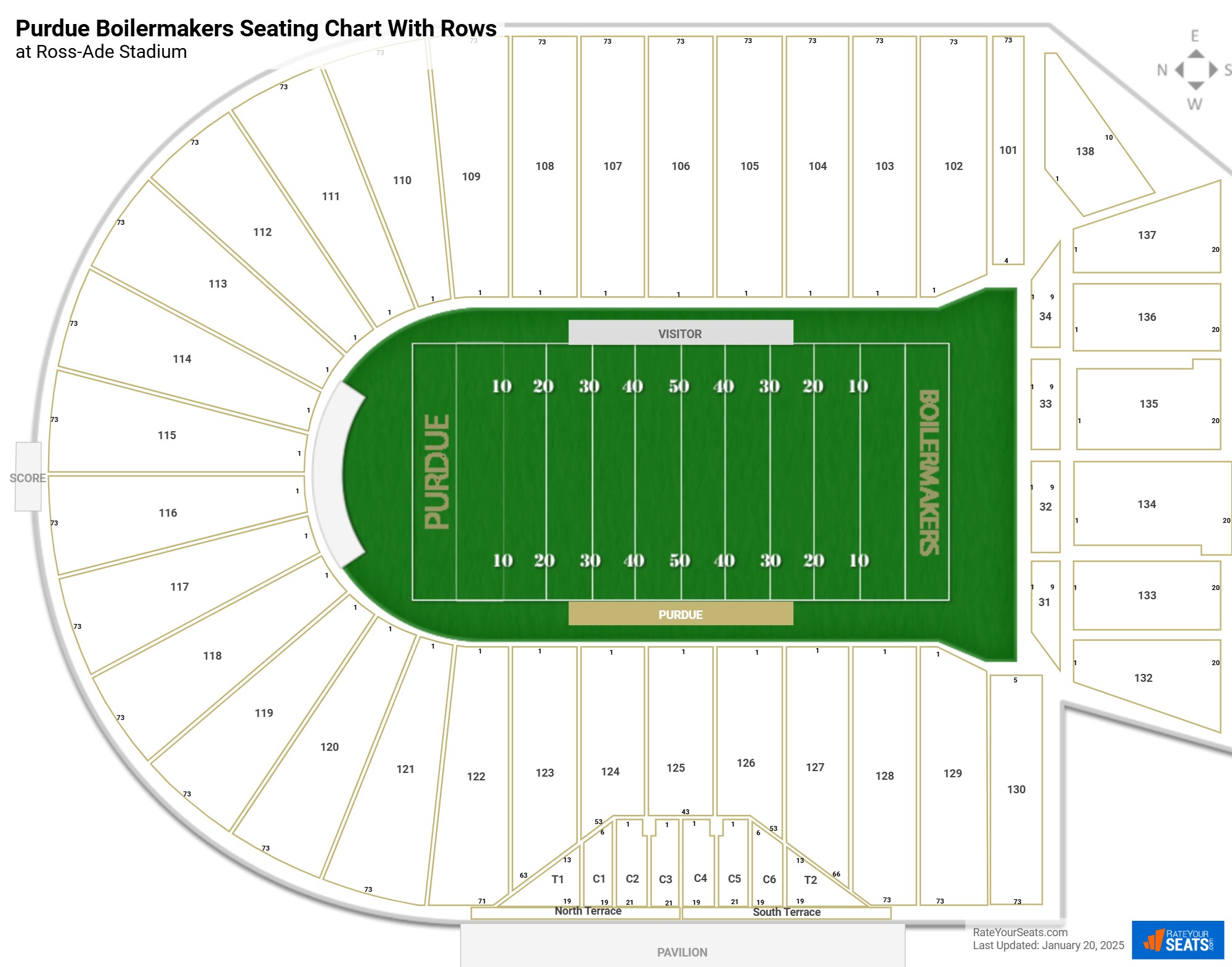 Ross-Ade Stadium seating chart with row numbers