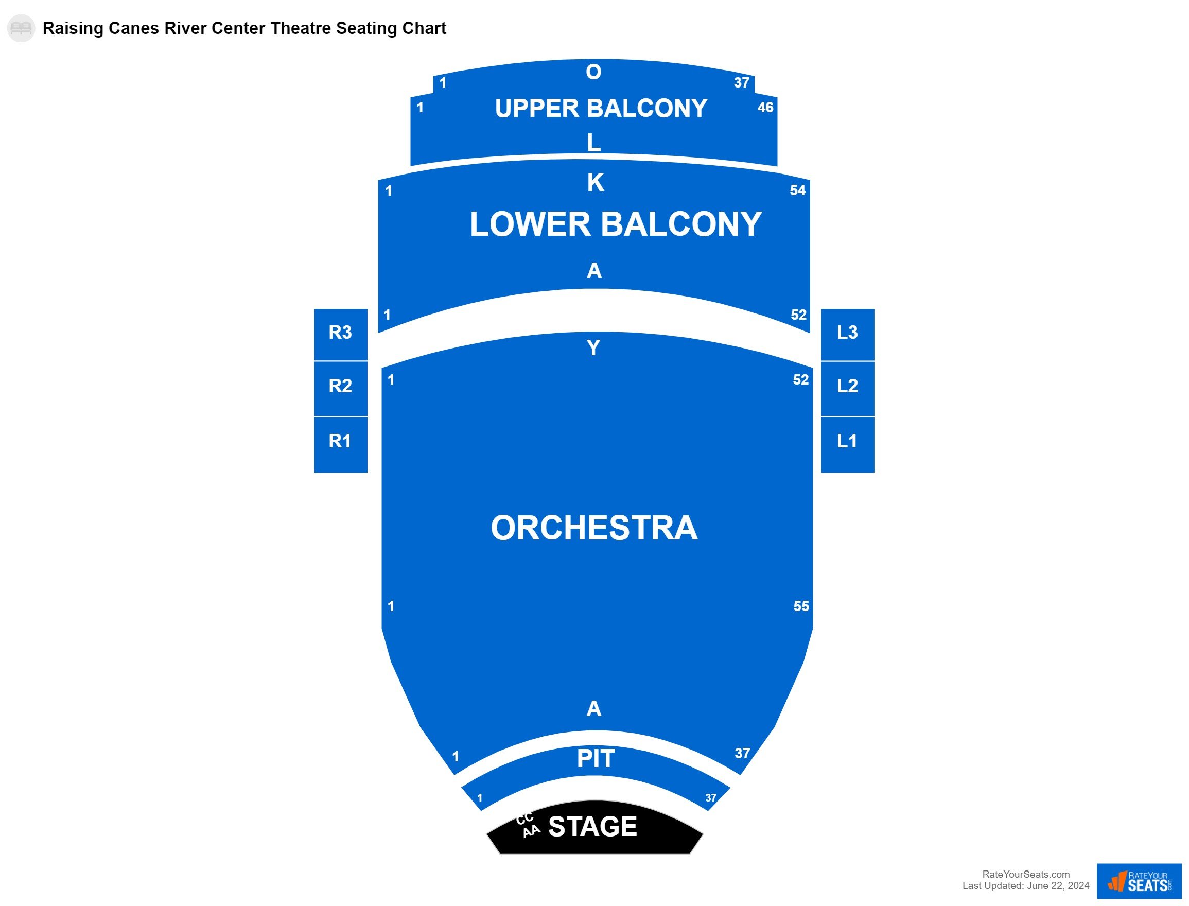 Interactive seating chart Comedy seating chart at Raising Canes River Center Theatre