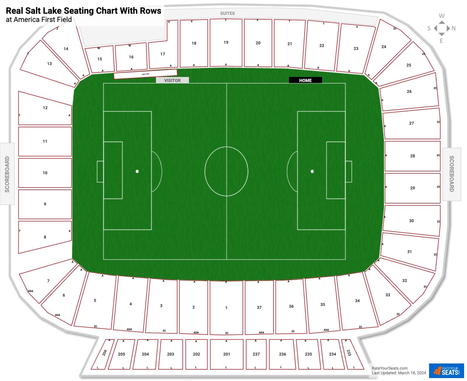 Rio Tinto Stadium seating chart with row numbers