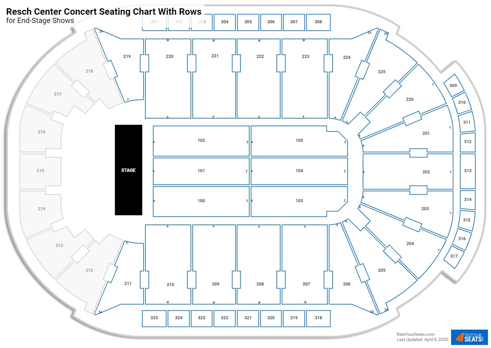 Resch Center seating chart with row numbers