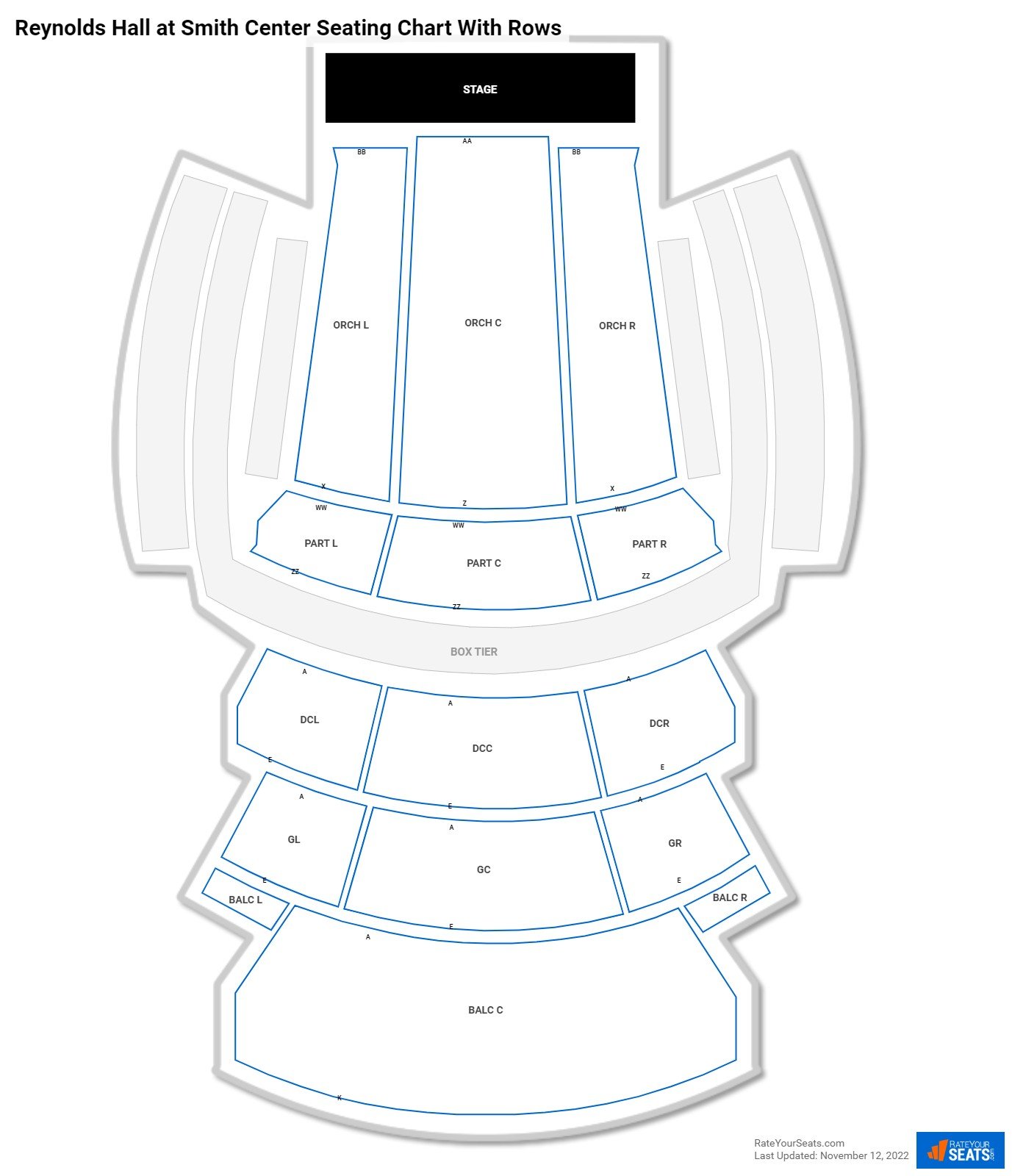 Reynolds Hall at Smith Center seating chart with row numbers