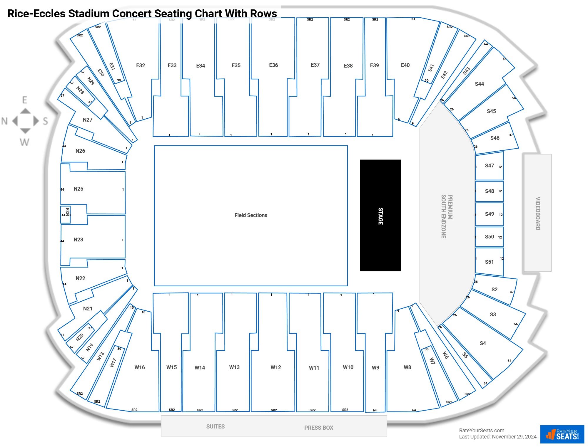 Rice-Eccles Stadium seating chart with row numbers