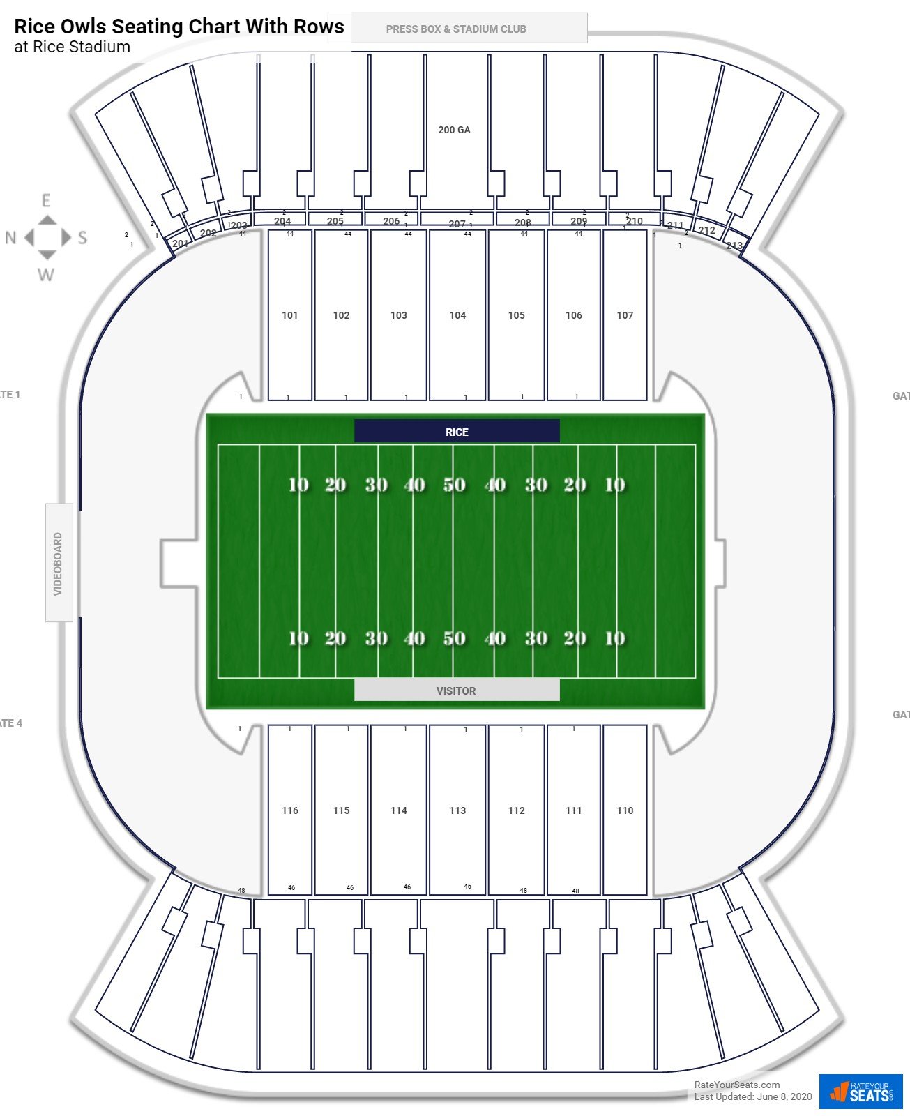 Rice Stadium seating chart with row numbers