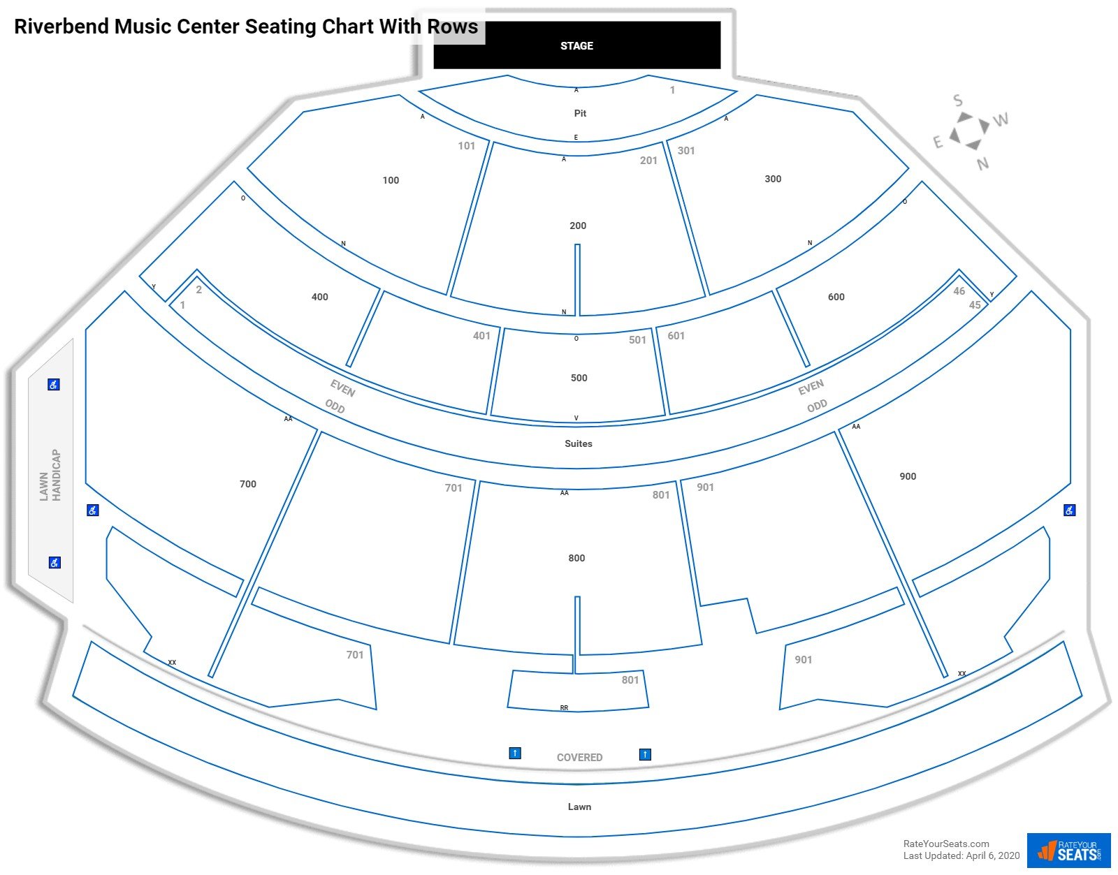Riverbend Music Center seating chart with row numbers