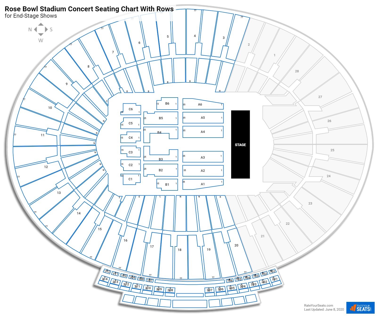 Rose Bowl Stadium seating chart with rows concert