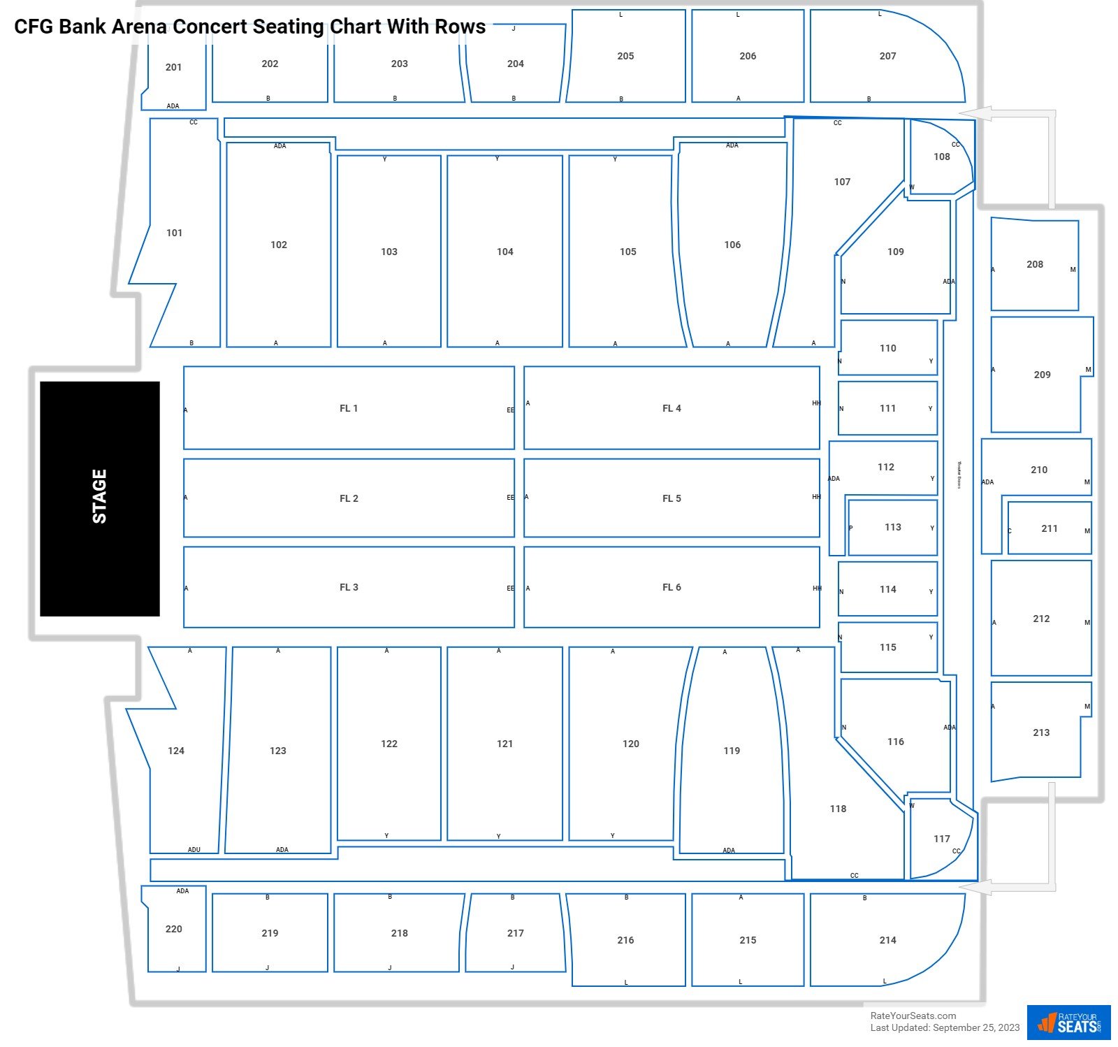Baltimore Arena seating chart with row numbers