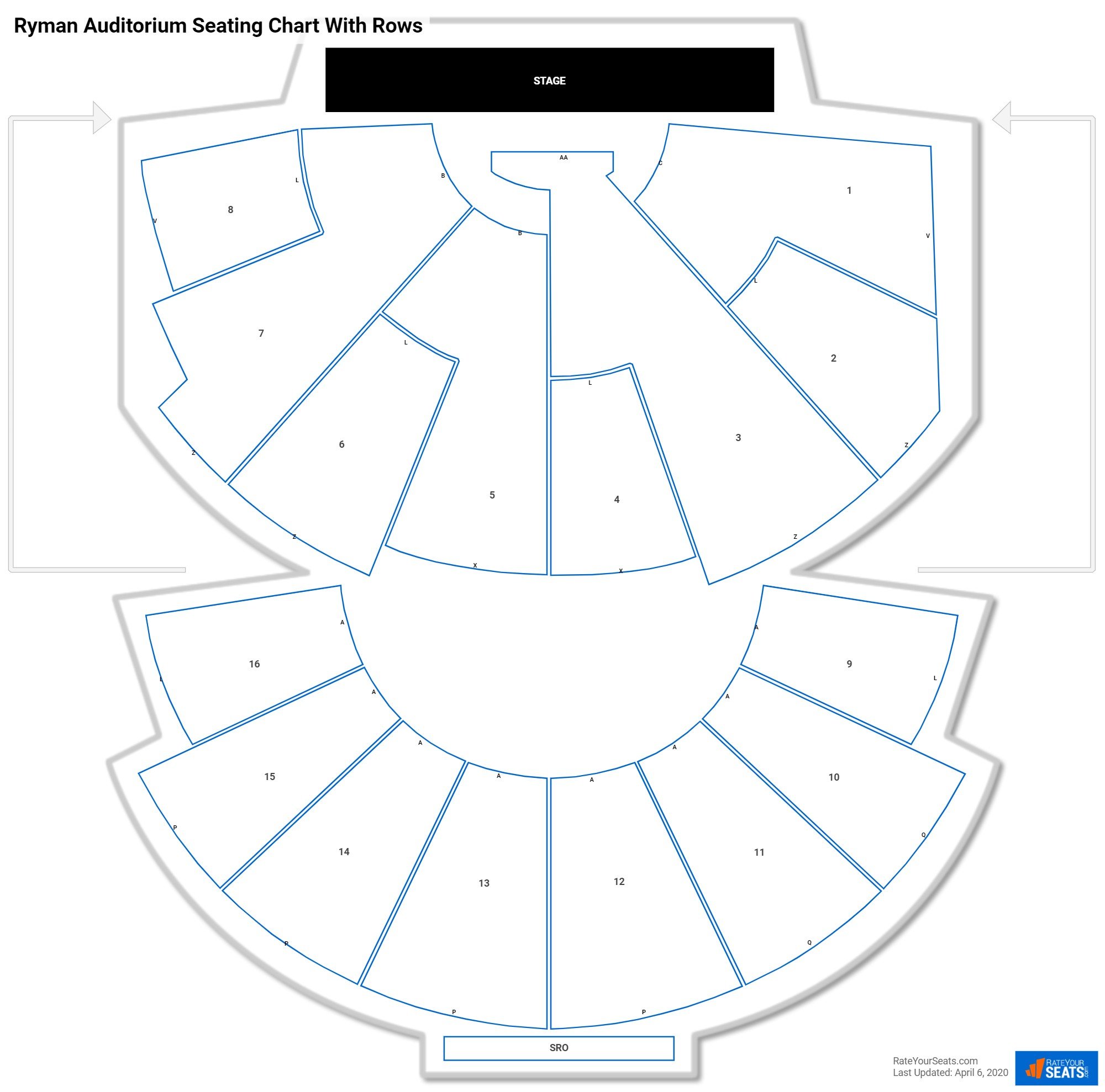 Ryman Auditorium seating chart with row numbers