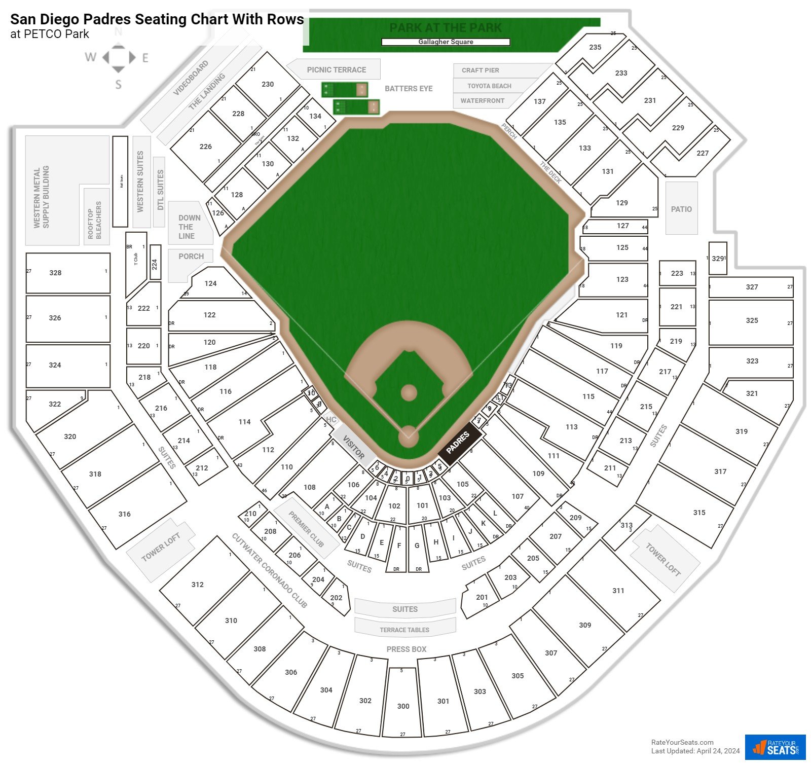 PETCO Park seating chart with row numbers
