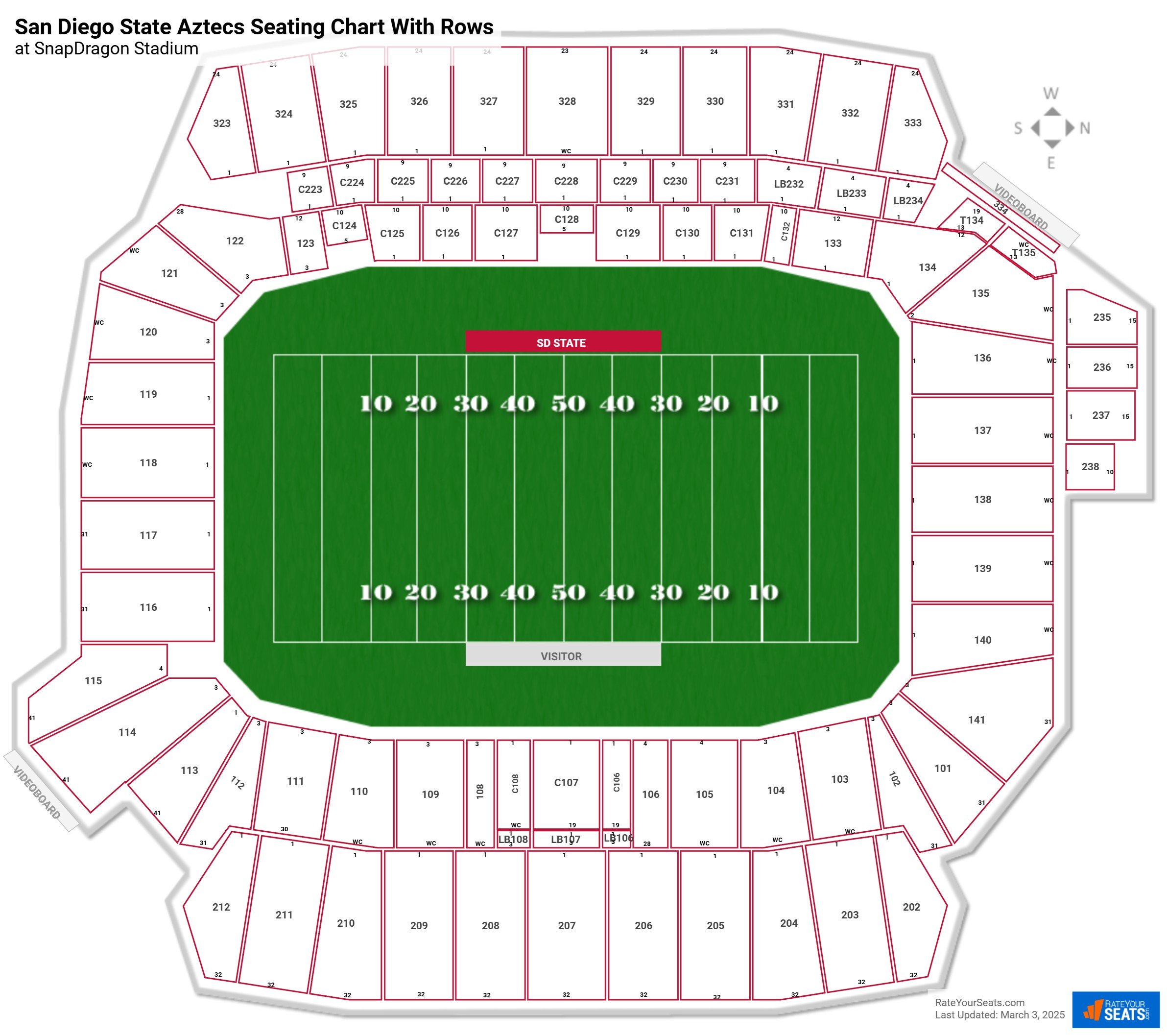 SnapDragon Stadium seating chart with row numbers