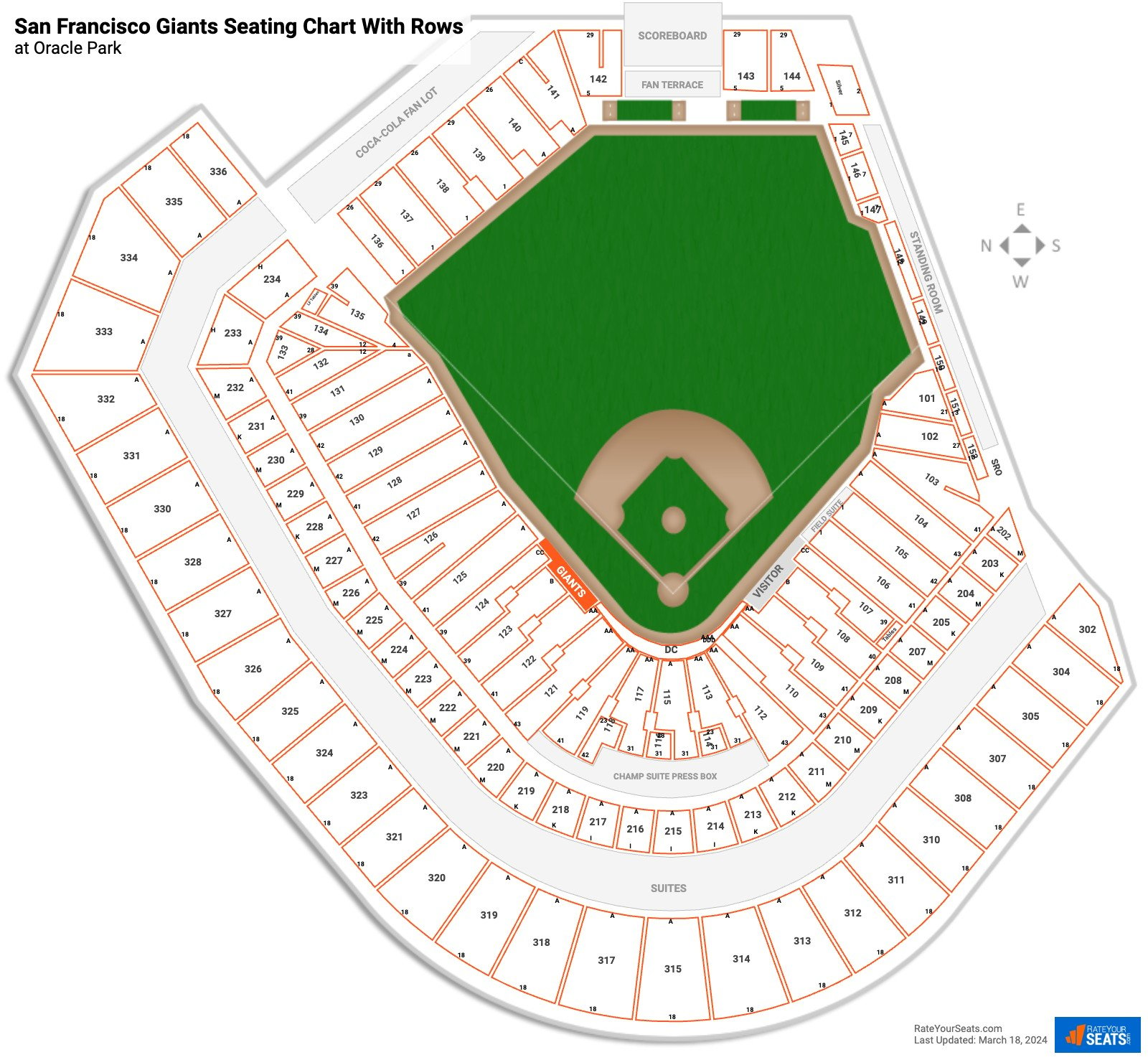 Oracle Park seating chart with row numbers
