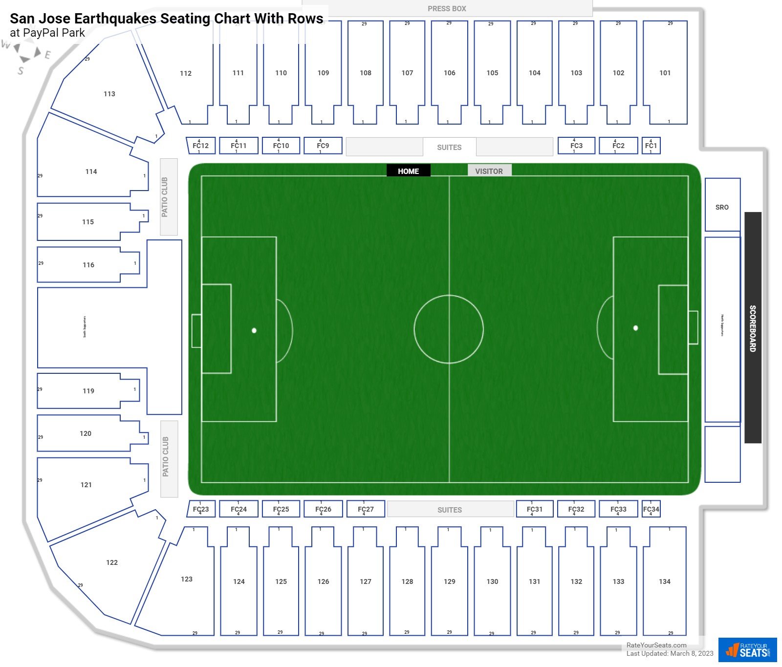 PayPal Park seating chart with row numbers