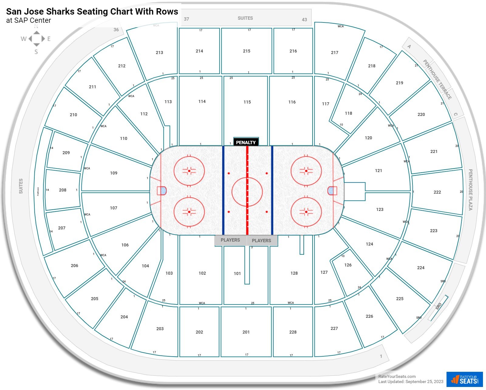 SAP Center seating chart with row numbers