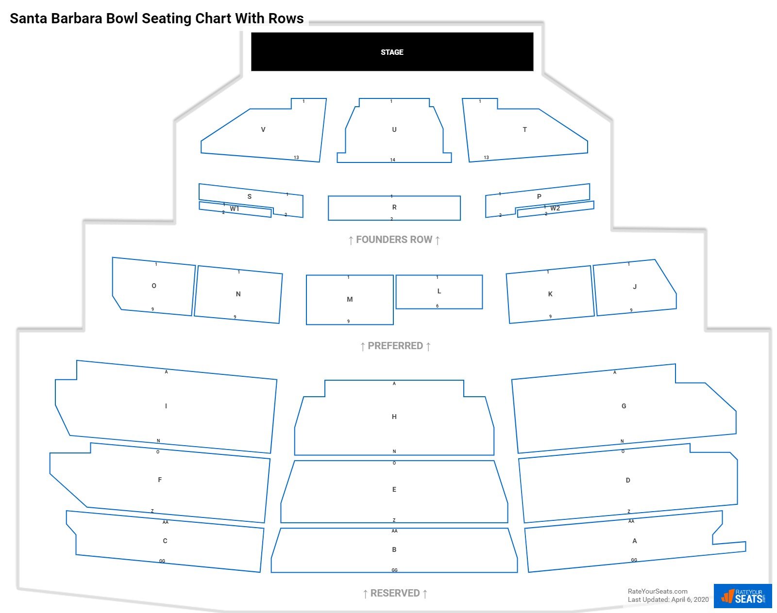 Santa Barbara Bowl seating chart with row numbers