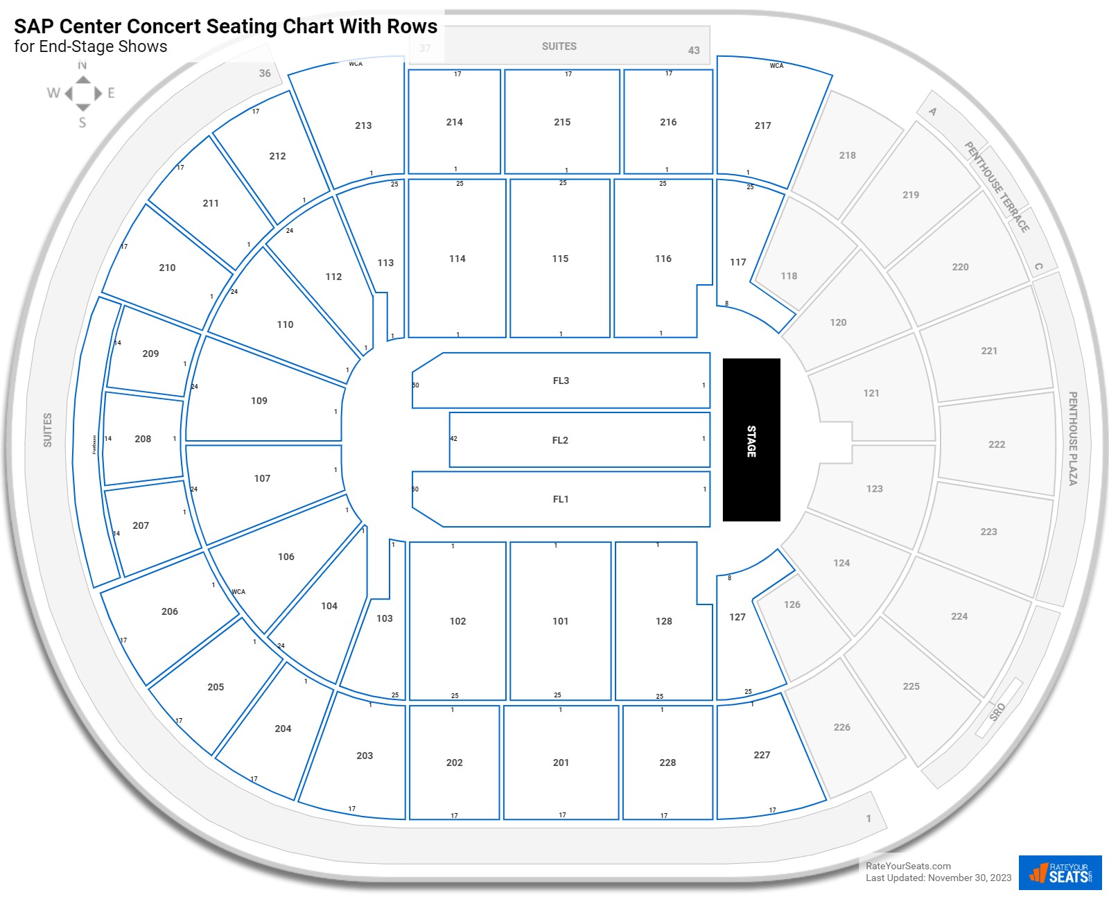 SAP Center seating chart with rows concert