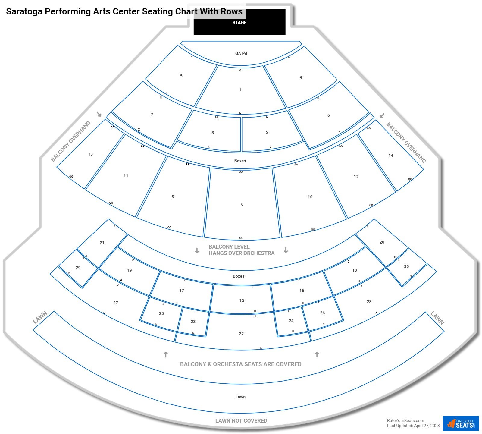 Saratoga Performing Arts Center seating chart with row numbers