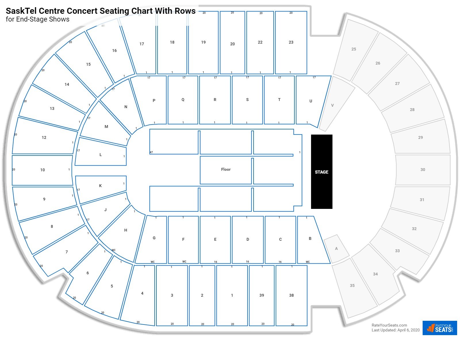 SaskTel Centre seating chart with row numbers