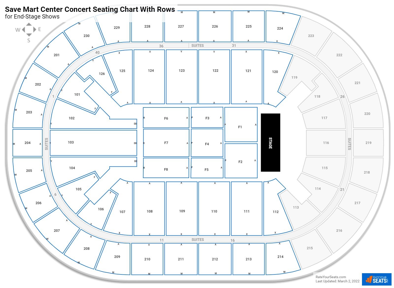 Save Mart Center seating chart with row numbers