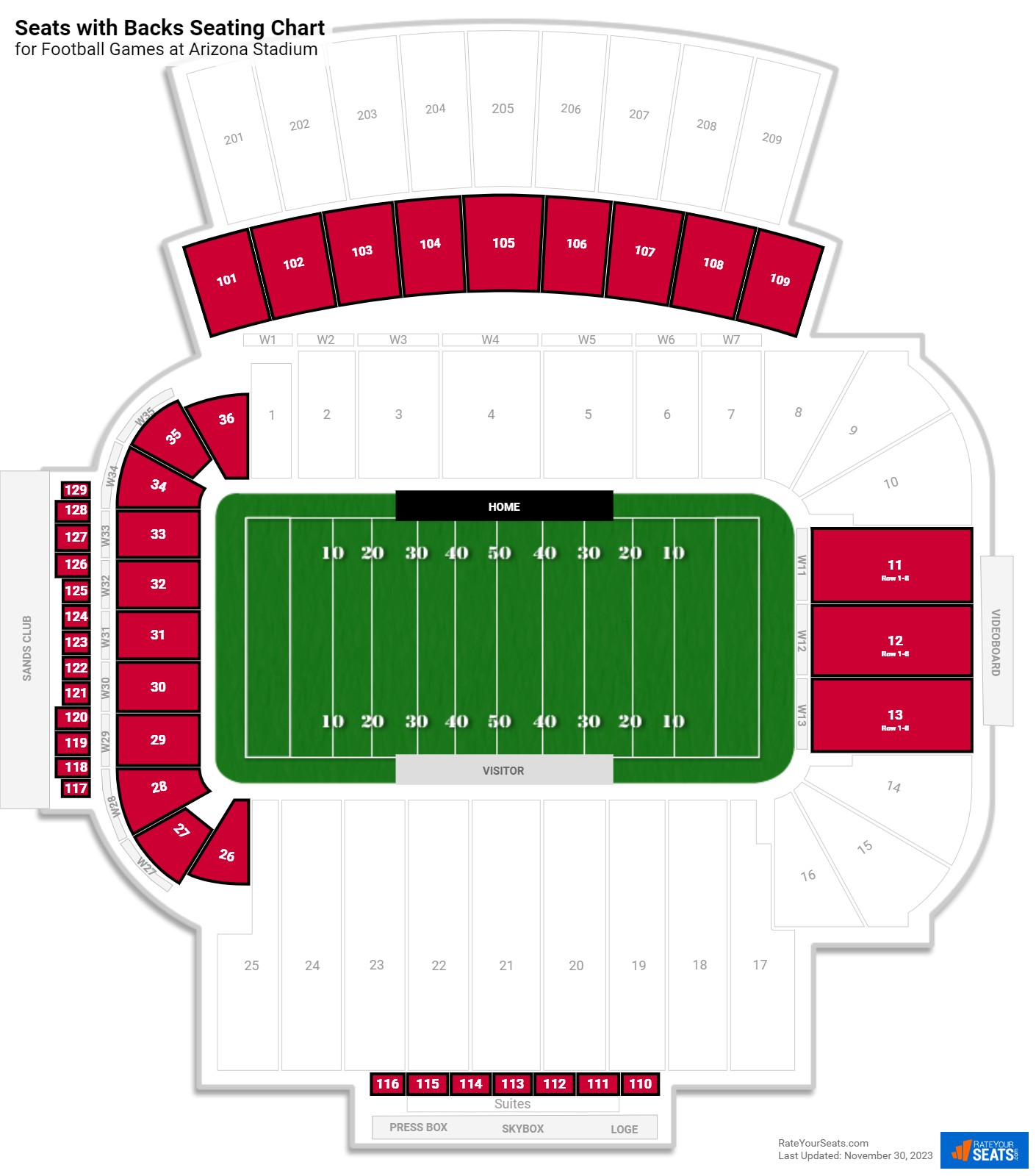 Football Seats with Backs Seating Chart at Arizona Stadium