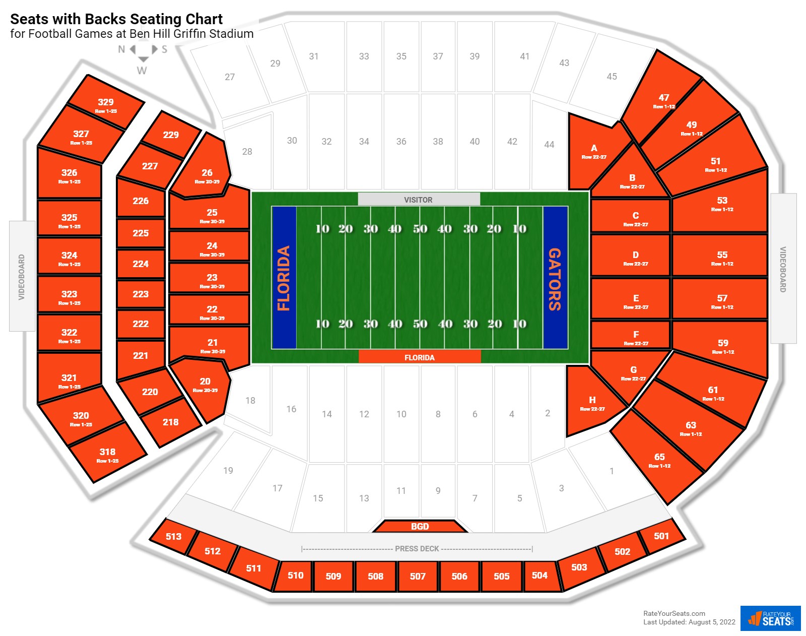 click to enlarge Football Seats with Backs Seating Chart at Ben Hill Griffin Stadium